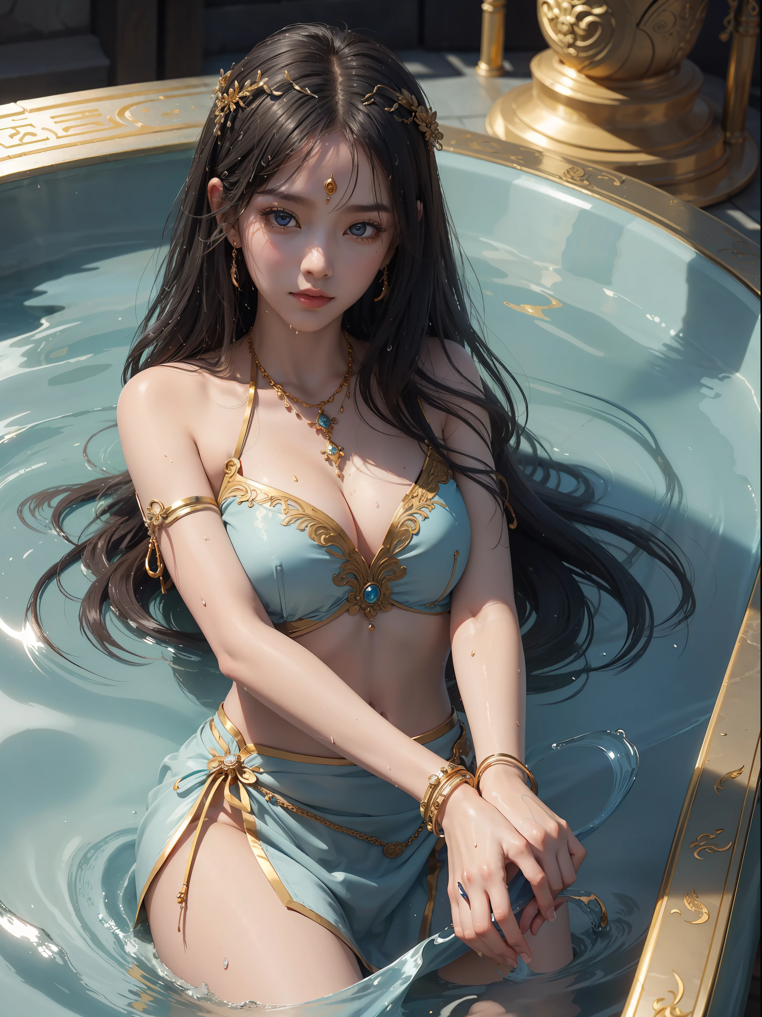 A Buddhist Bodhisattva Girl, (Masterpiece, Top Quality, Best Quality, Official Art), (KPOP idol), Super Long Hair, Messy Long Hair, Delicate Jewelry, Delicate Bracelet, Delicate Hair Ornament, High Feeling, Aperture Behind, Fairy Fluttering, Looking Up View, Barefoot, Golden Bracelet on Ankle, Ancient Chinese Clothing, (Conservative Clothes), Gorgeous Silk, Flowing Tulle, Dazzling Background, Golden Aperture on the Back, Gold Falun in the Back, Best Light, Best Shadows, Cinematic Lighting, Mystery, Background Pure Black with Ring Aperture, Ultra HD, 8K, Fair Skin, Wolp_style, duhuang_style, Upper Body Close-up, Detailed Face, (Sideways: 1.5), 28 years old, 1girl, Dressed decently, super long clothes, black hole background, in a temple in Thailand, one leg on the ground, left hand to do Buddha hand on chest, other raised above head to do Buddha hand, surrealism, photo, realistic, { (Surfacing from the clear pool, splashing a lot, splashing, water ripples), (wet clothes: 1.5) (wet body: 3.0), (wet hair: 1.5)}, medium chest, 48KG weight, smooth skin, light blue pupils, detailed eye painting, (super white skin, supple skin), (face focus, bending over to look at the camera, snapping)