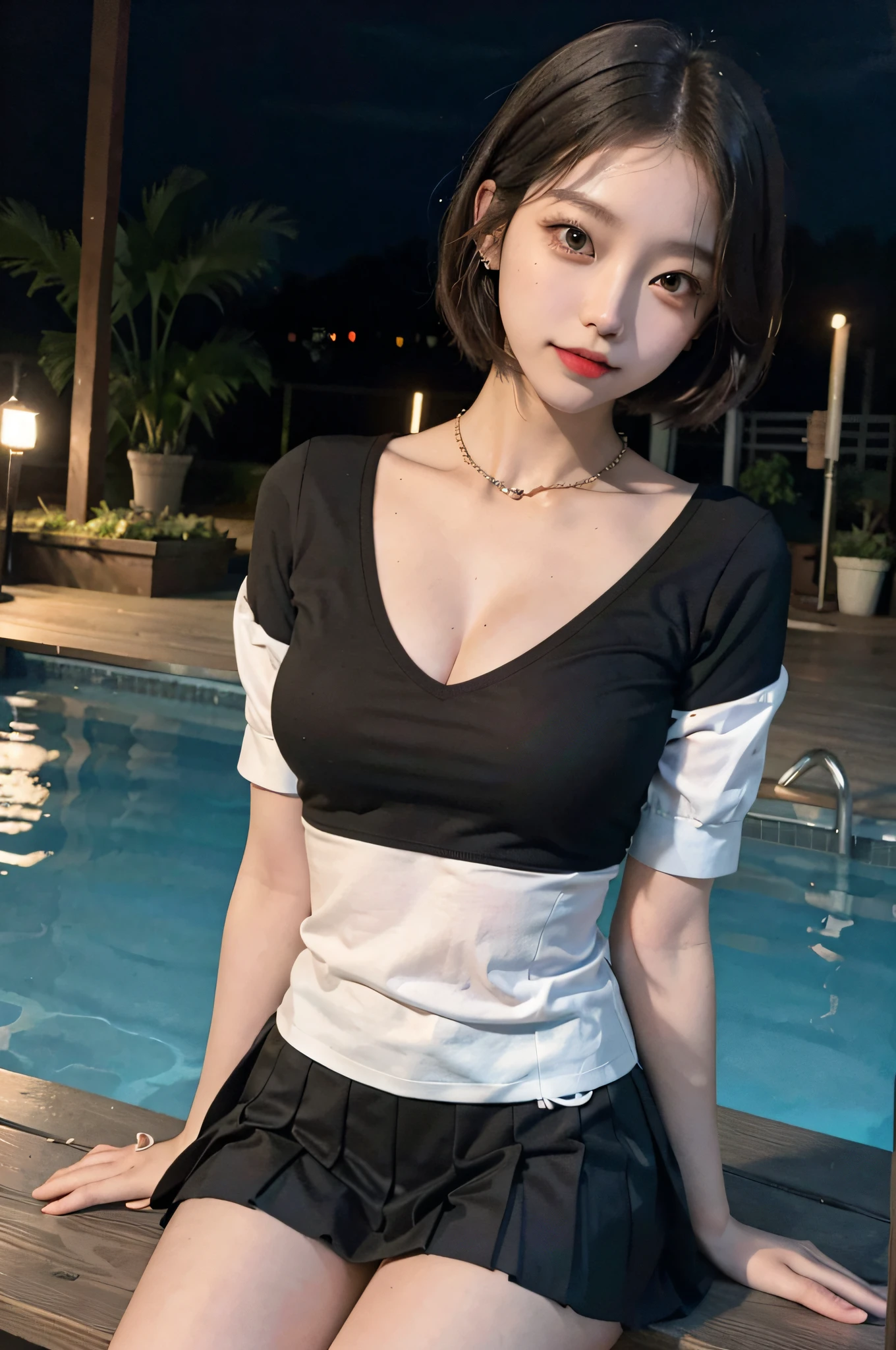 Korean school uniform, school uniform shirt, ribbon, skirt, bright brown hair, night school poolside, night poolside bench, dark atmosphere, 8K RAW photo, high resolution, cute korean, big round breasts, beaeyes in detail, long eyelashes, beautiful double eyelids, slender eyes, elongated eye shape, sanpaku eyes, duck mouth, evil smile, evil expression, beautiful and very thin legs, beautiful and very thin thighs, random short hair, hair tied behind the head, earrings, necklaces,