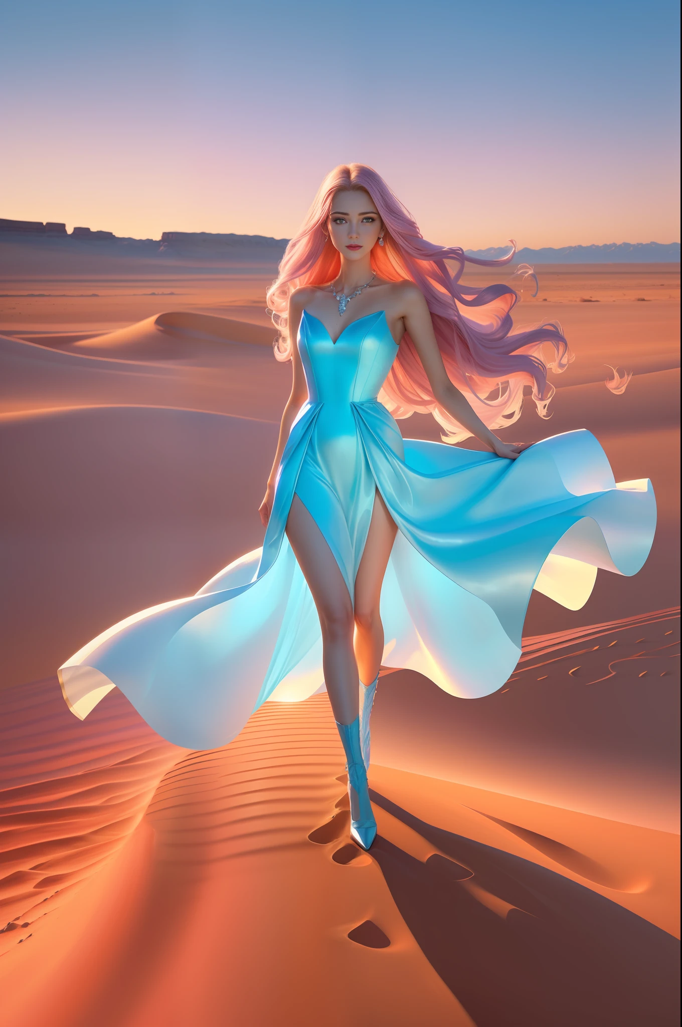 High contrast, (8K wallpaper: 1.3), realistic, octane rendering, realistic, (realistic face: 1.2), sharp focus, full body, (light pink and light sky blue style: 1.2), (masterpiece), (best quality), (front running to the viewer), (mirror illumination: 1.5), face light, (1 girl, 18 years old, flowing long hair: 1.3, very high), noble and gorgeous, real, (thin: 1.3), lilac evening dress, crystal necklace, gorgeous fabric, Diamond earrings, metal bracelet, atmospheric walking pose, red lips, white stockings, lighting effects, sparkling light, blue sky, desert, (gorgeous:1.2), (elegant:1.1), (confident:1.1)