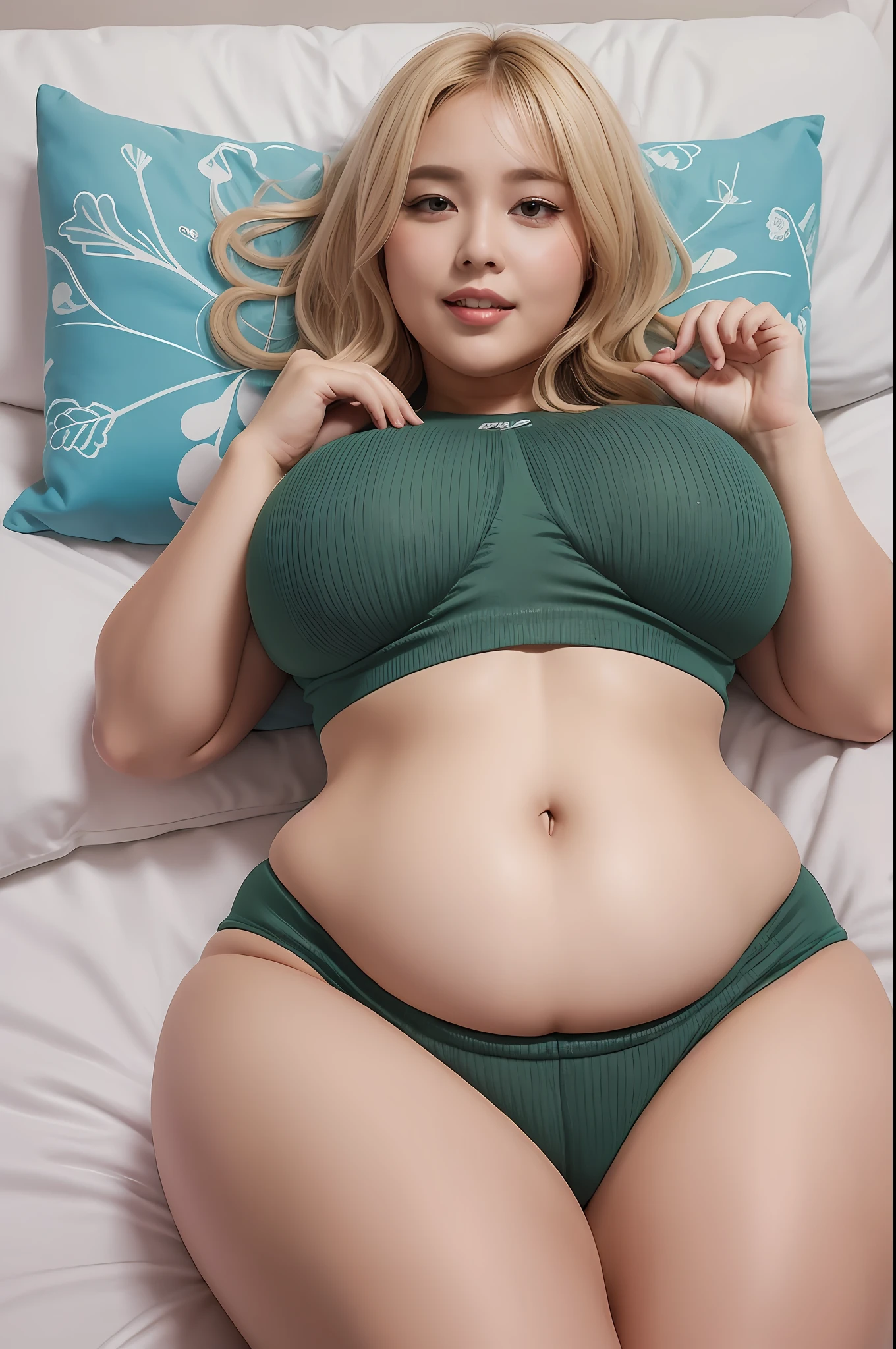 (Photorealistic: 1.2, Top Quality, 8k, Masterpiece: 1.1, Fat Belly Fat: 1.3, Plus Size Model: 1.3, Sensual: 1.3, Wet: 1.3), Sharp Focus: 1.2, Lying on the Bed, 20 years old, Smiling, Blonde, Bob Cut, Woman with a big belly and a big belly, she has a round belly of swaying fat, her belly is thick and round, Big stomach, chic physique, proportions, swelling of exploding body, bloating, celshade!!!,, bbwchan, insanely bulging hips, Korean idol, detailed eyes and skin, impressive shadows, best ratio of four fingers and one thumb, sportswear