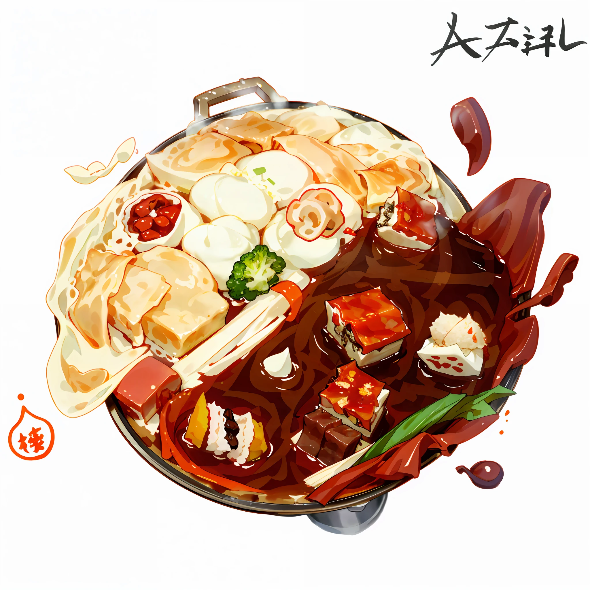 There is a hot pot with food on it with a Japanese word on it, anime food, cooking, [concept art]! sauce, amazing food illustration, made with illustrator, けもの, boiling, [digital art]!!, stew, hot pot, mandarin duck hot pot, cooked, Sichuan hot pot, red soup, clear soup, chili, pork belly, beef, green onion, broccoli, tofu, soup, splash