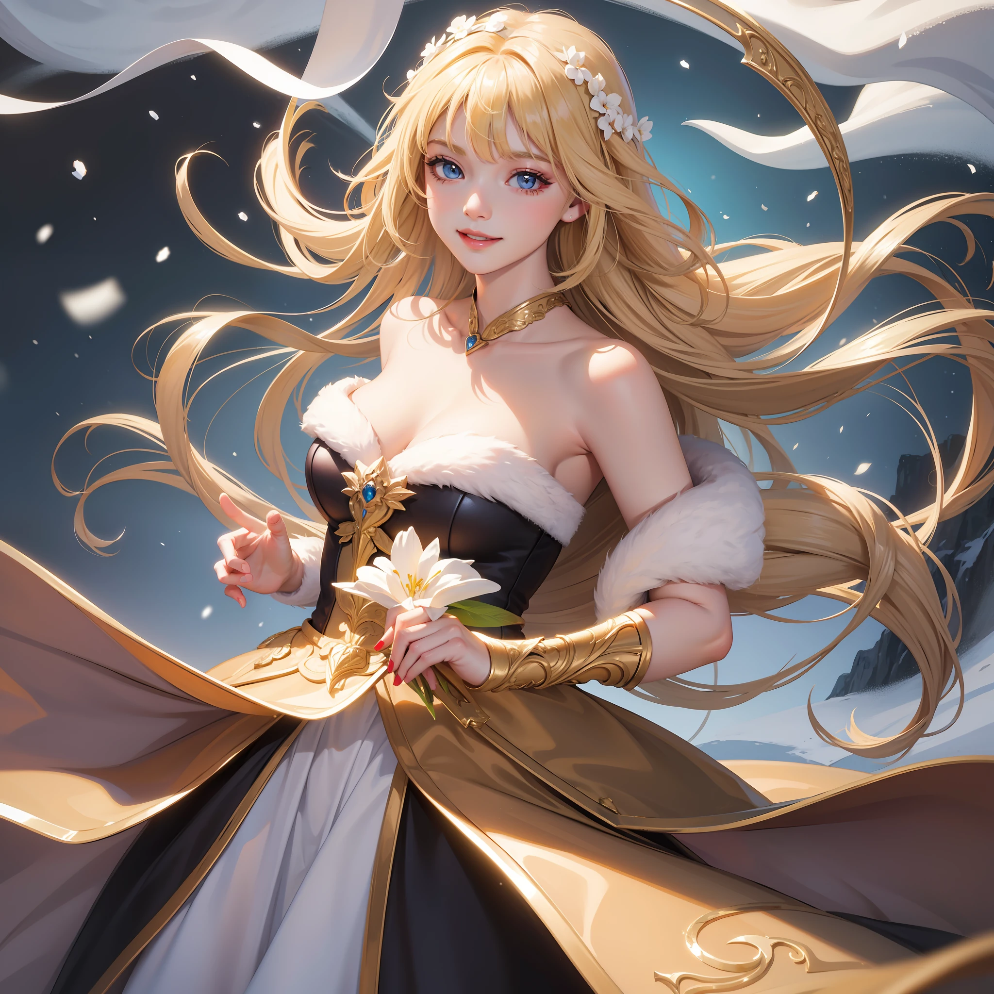 (Masterpiece) 8K resolution, Snow White, very pretty beautiful girl, blonde semi-long hair, kind smile, fantasy style,