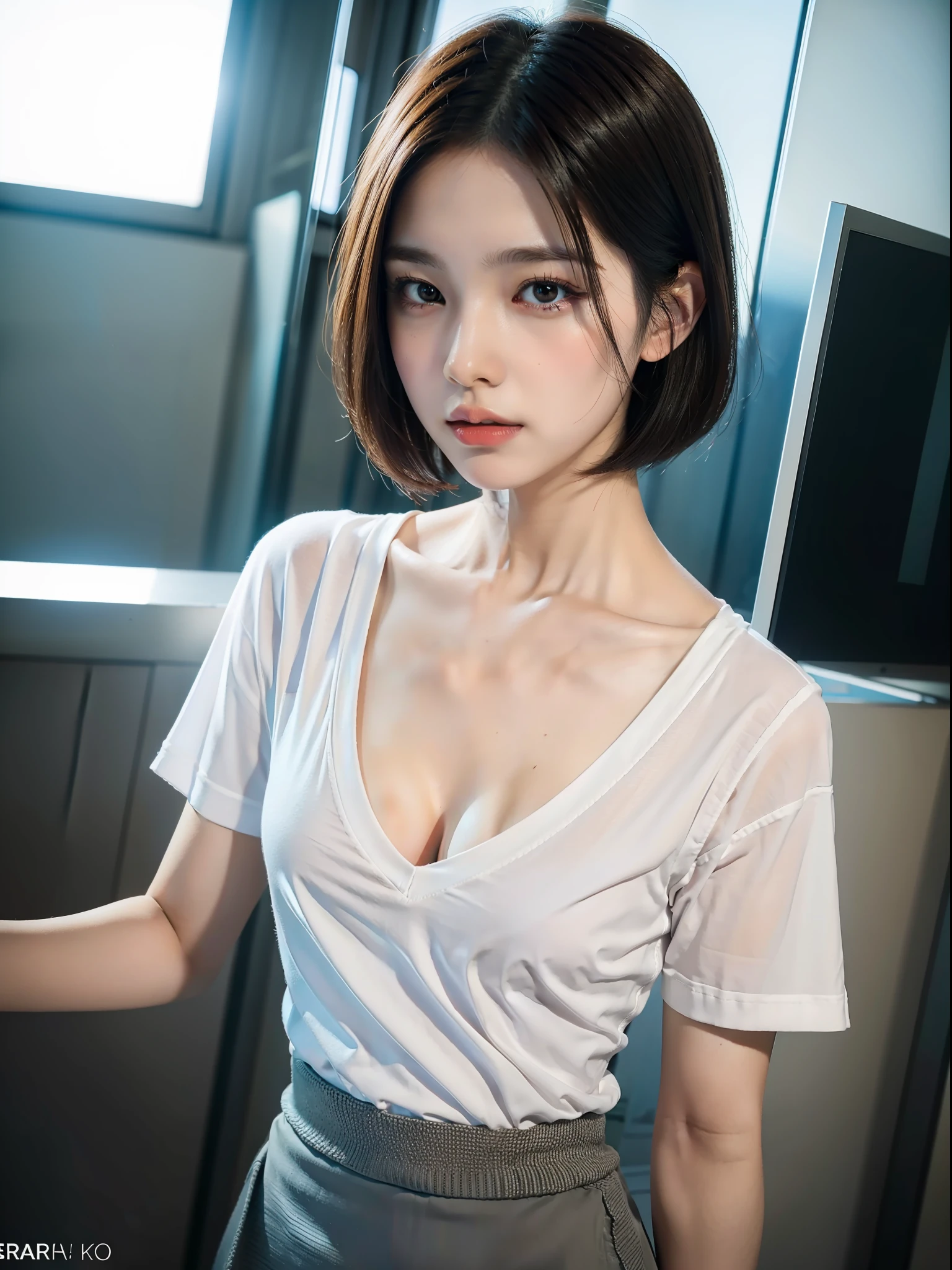 ((Best quality, 8k, Masterpiece: 1.3)), Sharp focus: 1.2, 1 aespa girl, beautiful face girl, cute face, age 18, small breasts, flat chest, short messy hair, standing, white casual shirt, skirt, terminal, station, sunlight, dramatic angle, kindness, cinematic lighting, (8k, masterpiece, best quality, raw photo)