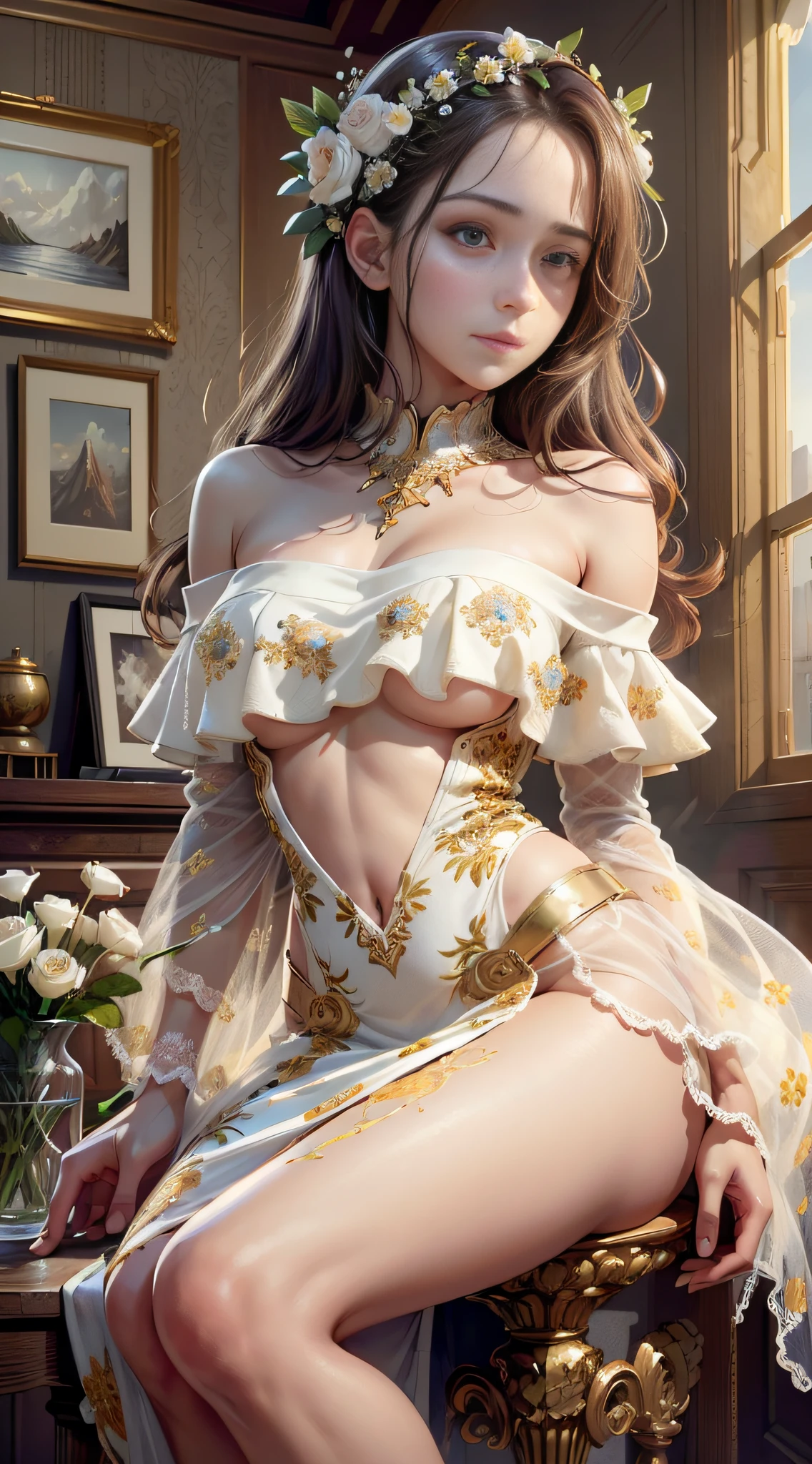 (hyperrealistic), (illustration), (high resolution), (8K), (extremely detailed), (best illustration), (beautiful detailed eyes), (best quality), (ultra-detailed), (masterpiece), (wallpaper), (detailed face), solo, (dynamic pose), 1girl, white dress, off-the-shoulder, blooming flower field, glowing skin, light smile, camel toe, (no panties), (no bra)