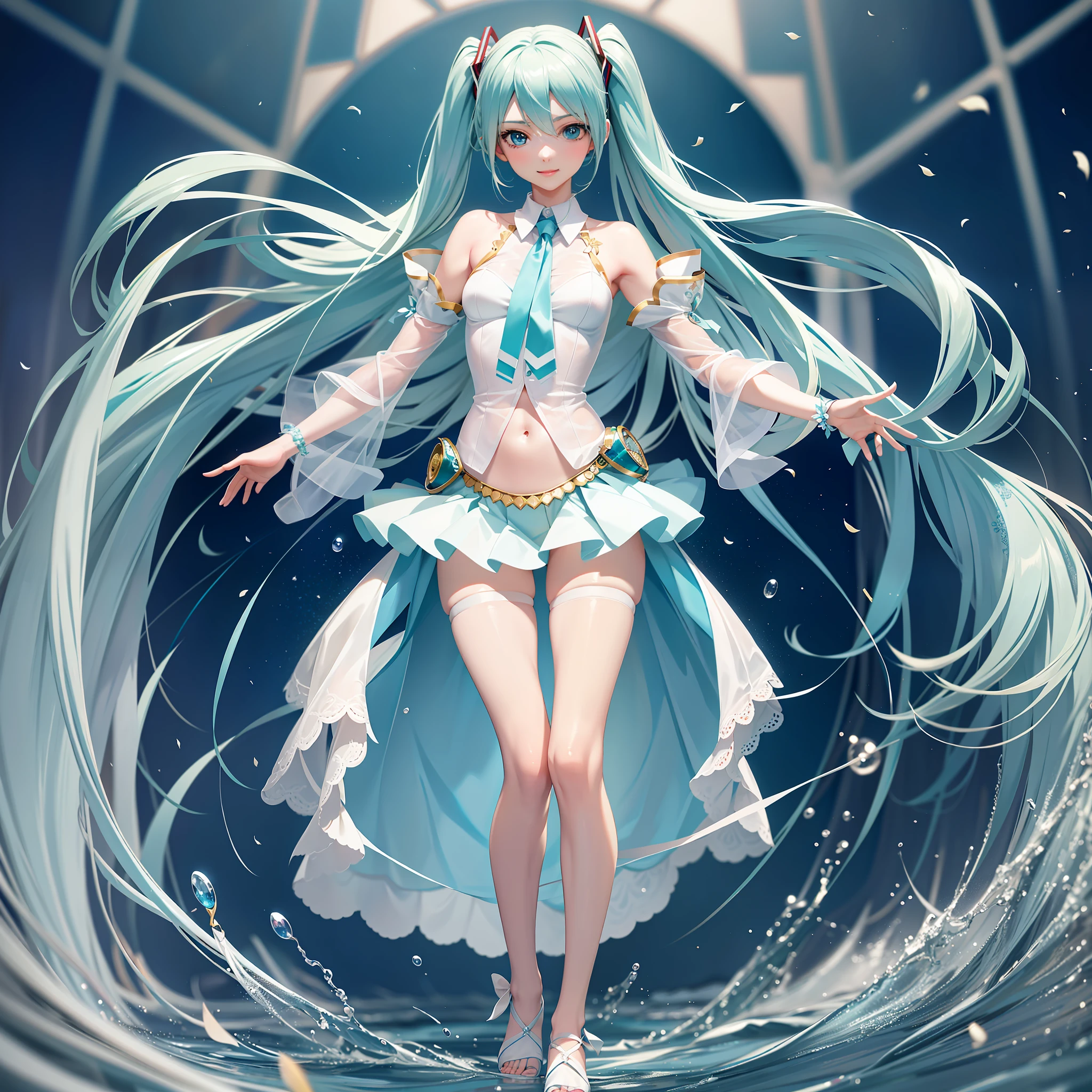 pale tones, photorealistic, beautiful attractive anime girl, super detailed, smile, beautiful blue eyes, beautiful style, hatsune miku, slender, gentle look, slender, (seductive anime girl), full body, beautiful skin, live stage, idol,