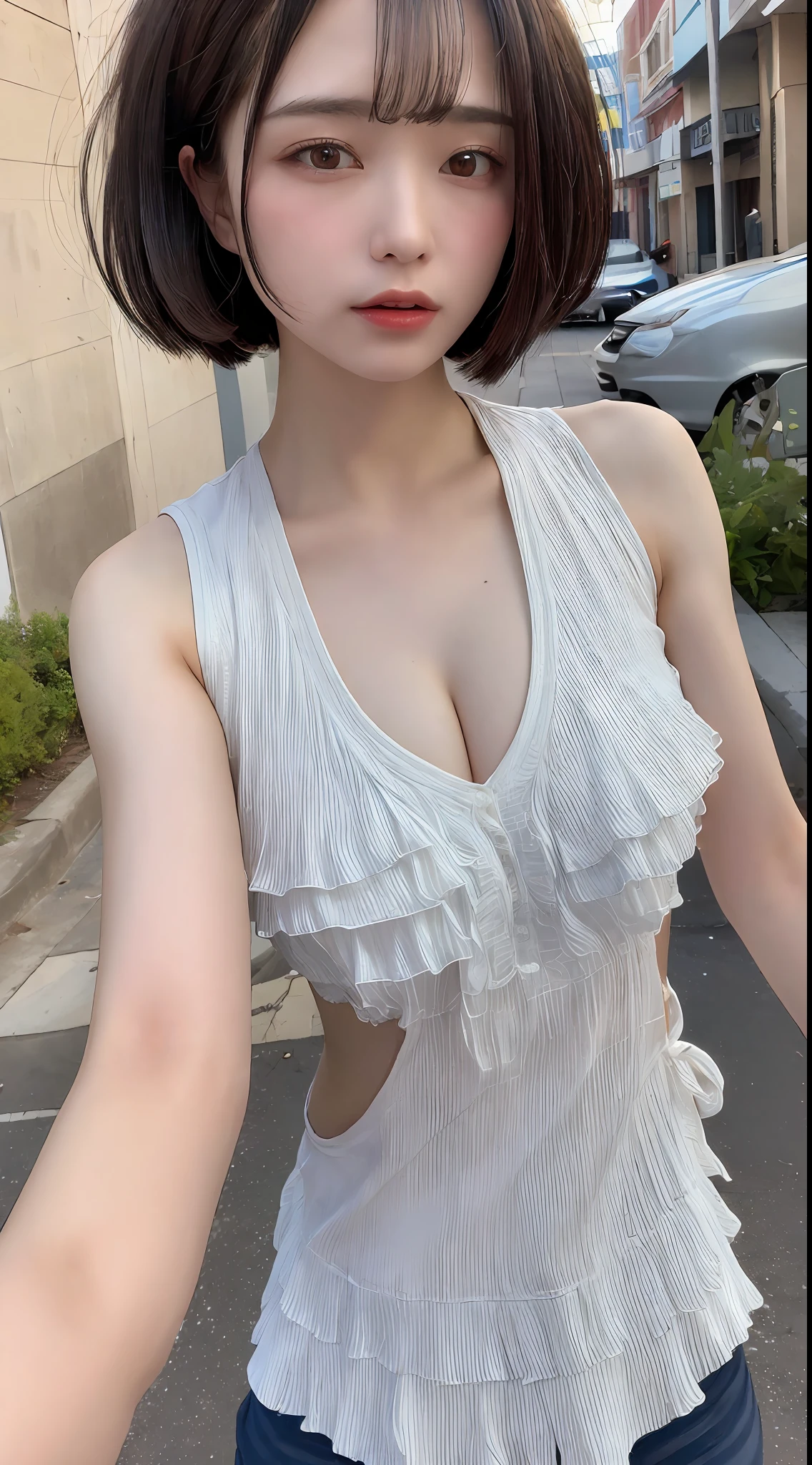 ((Best quality, 8k, Masterpiece :1.3)), Sharp focus :1.2, A pretty woman with perfect figure :1.4, Slender abs :1.2, ((Layered haircut, Big breasts :1.2)), (Tank top shirt :1.1), (Street :1.2), Highly detailed face and skin texture, Detailed eyes, Double eyelid