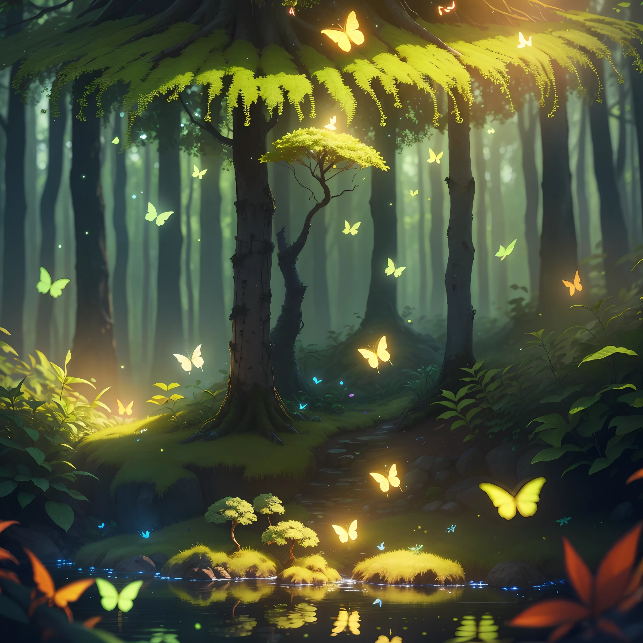 A masterpiece, the best quality, stunning reflections, the best reflections ever. (very detailed CG unity 8k wallpapers), (best quality), (best illustrations), (best shadows), forest theme with natural elements. Tall trees, quiet streams, small glowing mushrooms surrounded by delicate leaves and branches, with fireflies and glowing particle effects,, (natural elements), (jungle theme), (leaves), (twigs), (fireflies), butterflies, (delicate leaves), (glow), (particle effects). , Isometric 3D, Octane Rendering, Ray Traced, Super Detailed
