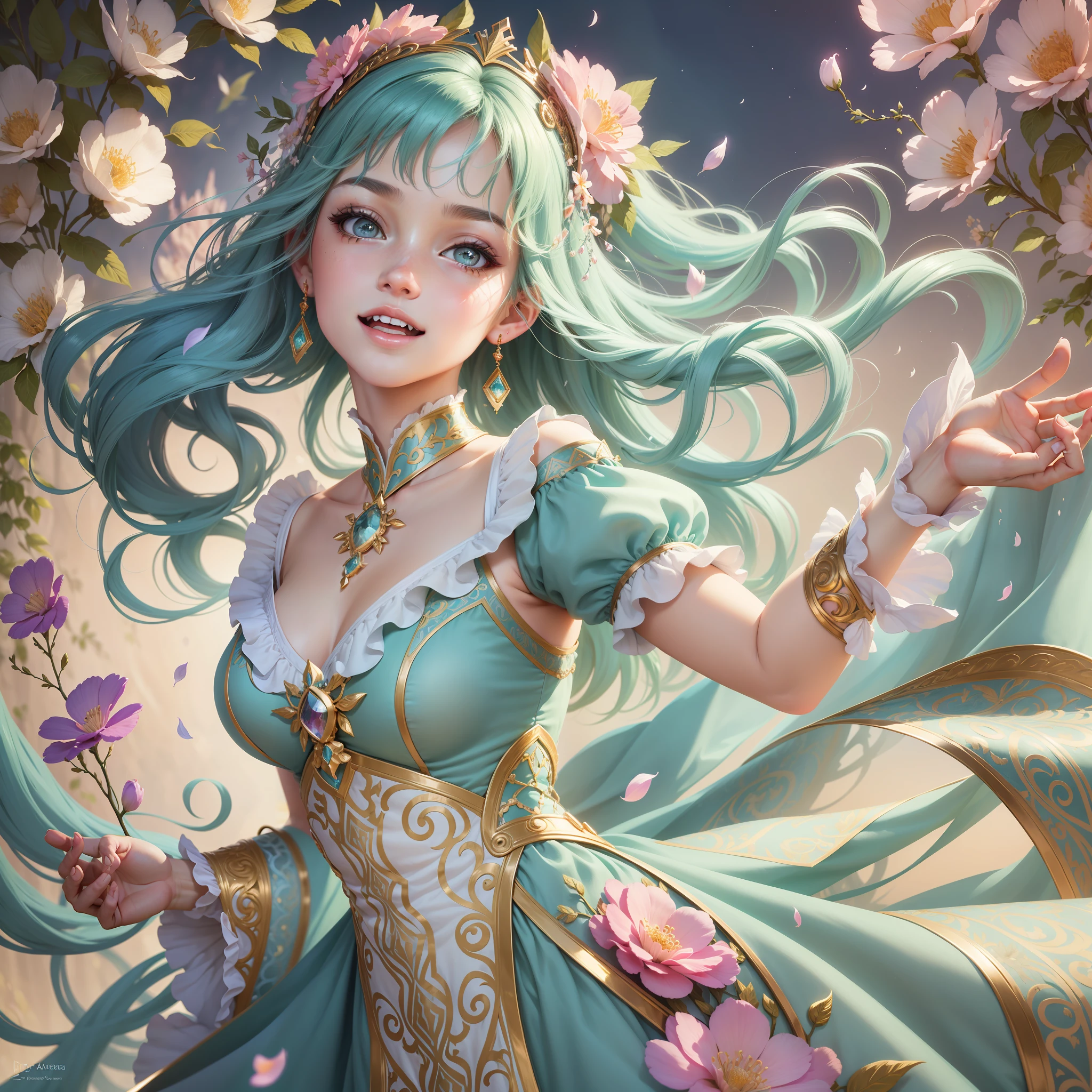 aurora, the enchanting dreamweaver, captivates with a blend of artgerm and pixar styles. her delicate features and radiant smile exude charm and elegance, while her eyes shimmer with a magical glimmer. flowing locks of lustrous hair adorned with colorful flowers frame her face, embodying whimsy and natural beauty. aurora's pastel colored gown, adorned with intricate patterns and delicate embellishments, showcases her attention to detail and love for aesthetics. her joyful expression and playful nature draw inspiration from the expressive qualities seen in pixar characters. aurora, a beloved and enchanting character, evokes a sense of wonder and nostalgia with her eless beauty and magical aura,action pose, super sexualized outfit