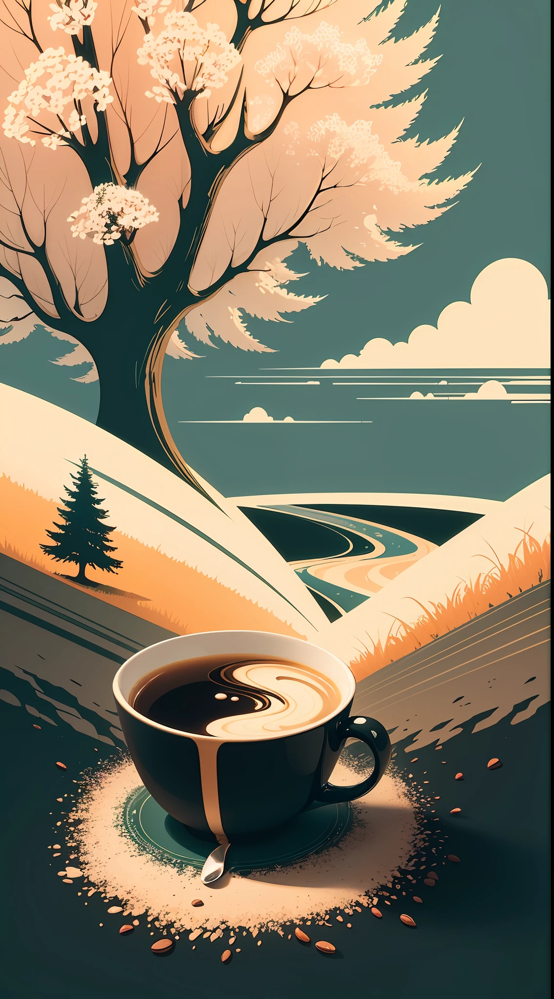 A cup of coffee in a spring landscape, poster design, vector graphics, vector style