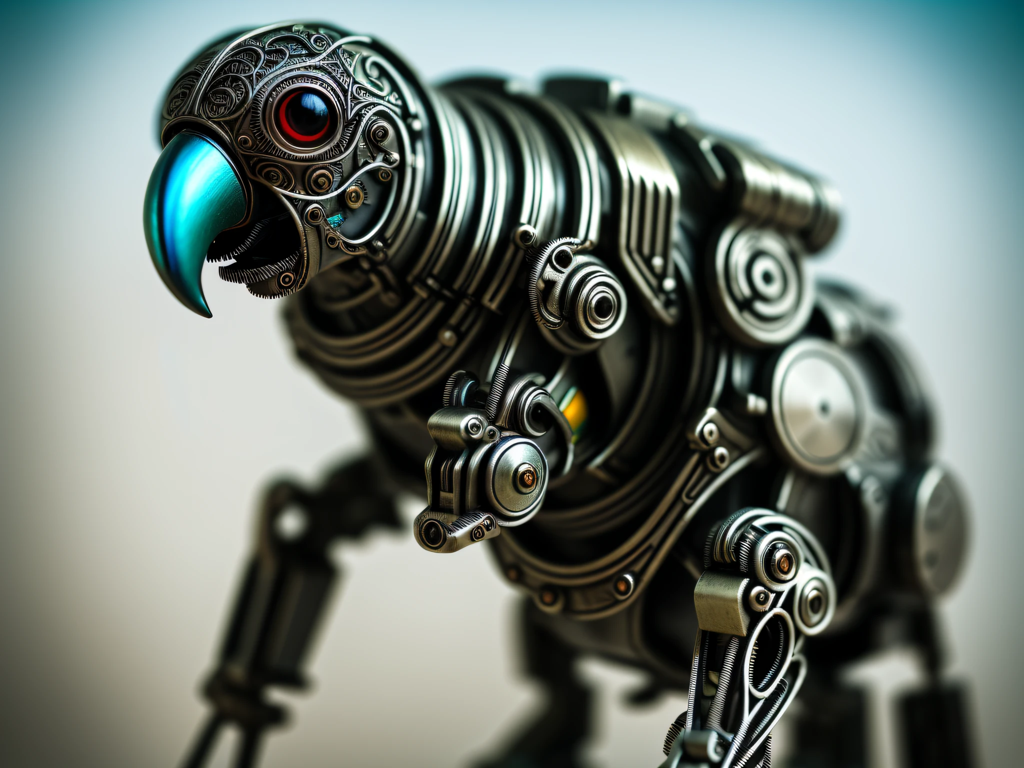 RAW photo, a cute parrot made out of metal, cyborg, cyberpunk style, ((intricate details)), hdr, ((intricate details, hyperdetailed)), cinematic shot, vignette, (high detailed skin:1.2), 8k uhd, dslr, high quality, film grain, Fujifilm XT3