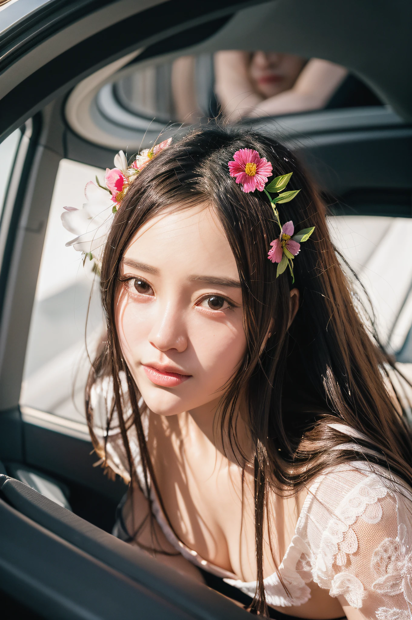 A cute girl, surrounded by flowers, colorful, double ball heads