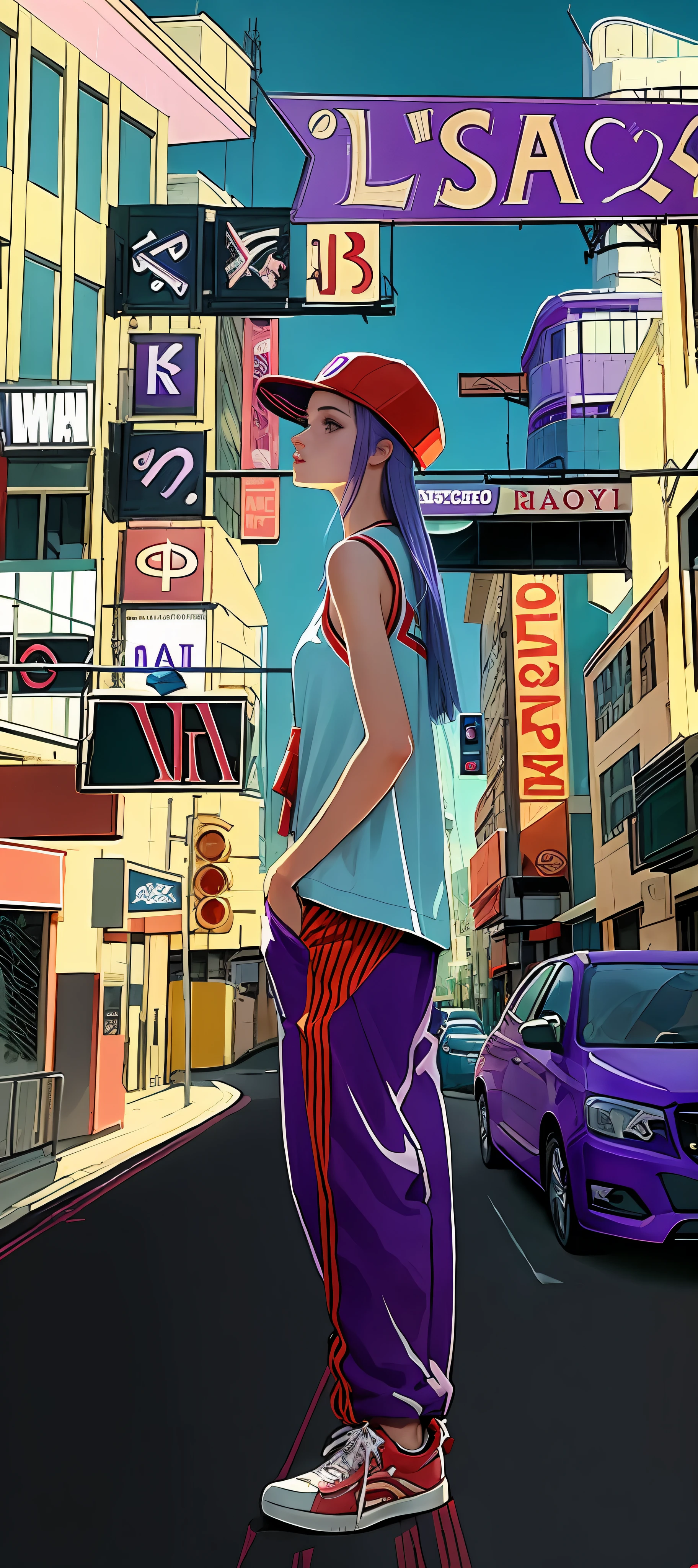 1 girl, wearing hat, purple hair, red basketball uniform, blue trousers, sneakers, on city street, billboard, light board, street vehicle, illustration style, 4k