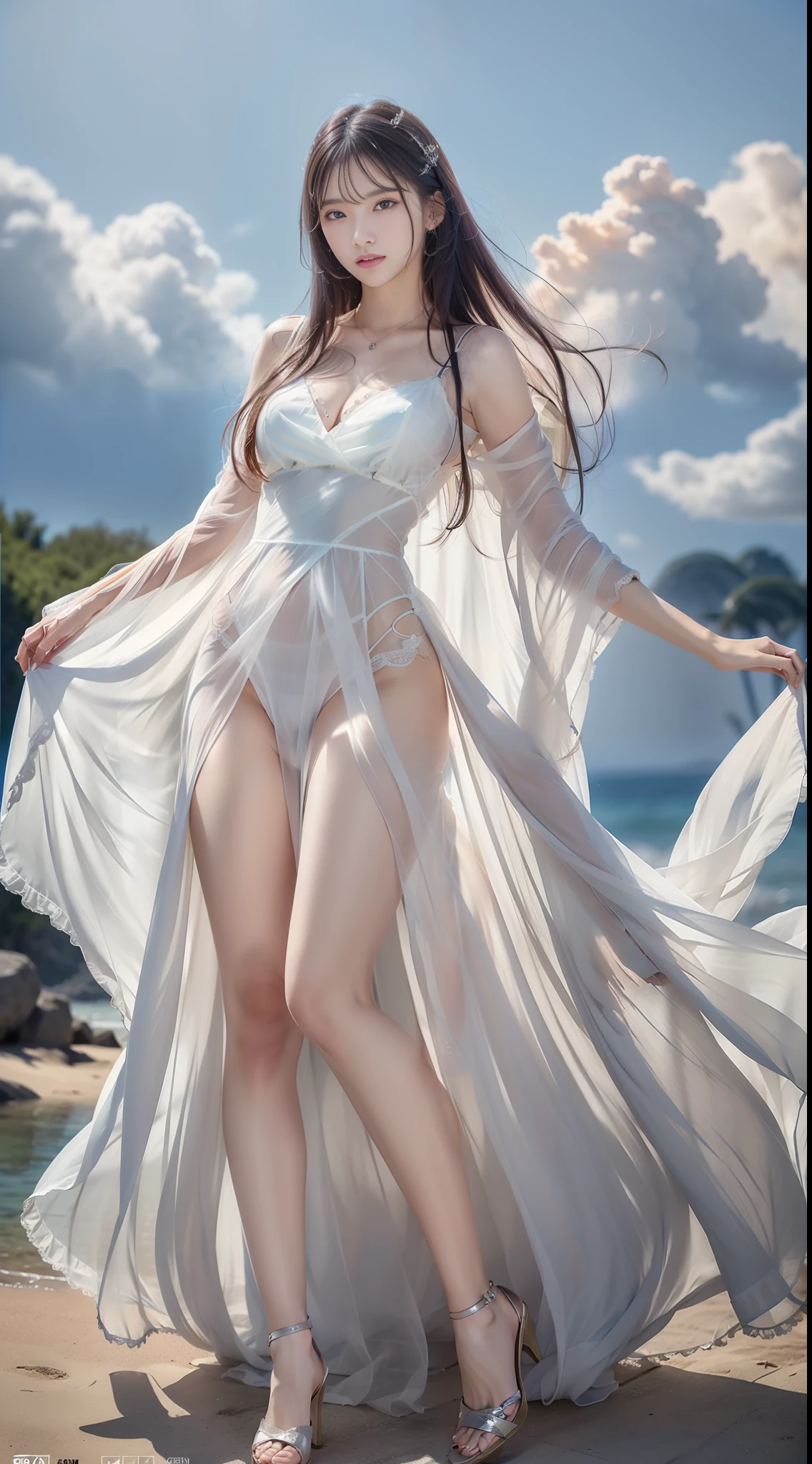 (8k, RAW photo, photorealistic:1.25) ,( lip gloss, eyelashes, glossy side, shiny skin, best quality, super high resolution, depth of field, chromatic aberration, caustics, special light, natural shadows, headwear, Kpop idol), light pink and sky blue style, (real: 1.2), 1girl, (orange sky: 1.5), tall and thin beauty goddess, flowing dress, conservative girl, cloud goddess, flowing white fabric, Wearing a flowing dress, (blue sky and white clouds in the background: 1.4), (wind: 1.5), (full body: 1.5),