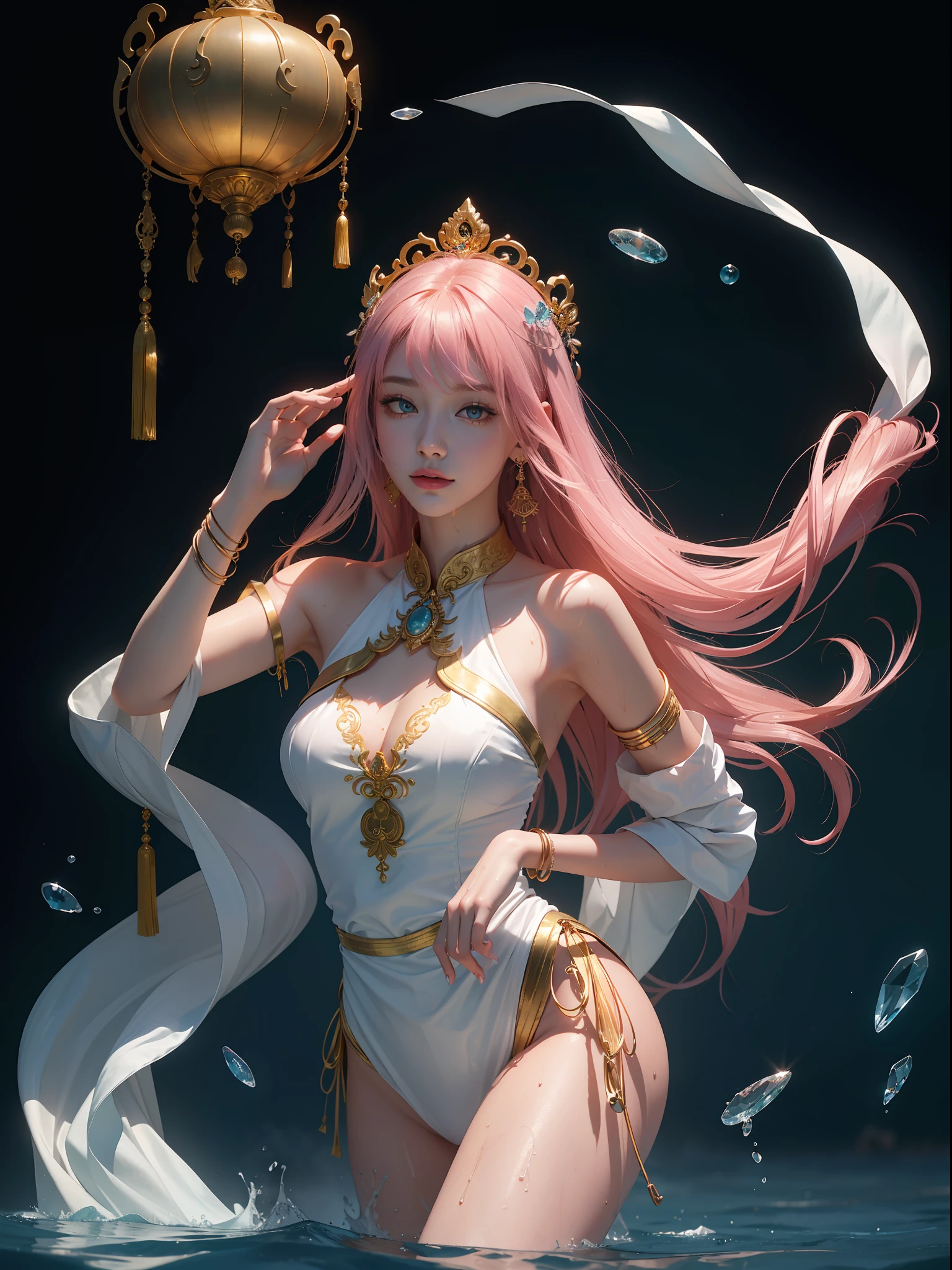 A Buddhist Bodhisattva Girl, (Masterpiece, Top Quality, Best Quality, Official Art), (KPOP idol), (Super Long Hair, Messy Long Flowing Hair, Light Pink Long Hair), Delicate Jewelry, Delicate Bracelet, Delicate Hair Ornament, High Feeling, Aperture on the Back, Fairy Fluttering, Looking Up View, Barefoot, Golden Bracelet on Ankle, Ancient Chinese Clothing, (Conservative Clothes), Gorgeous Silk, Flowing Tulle, Dazzling Background, Golden Aperture on the Back, Gold Falun in the back, best light, best shadow, movie lighting, mystery, background pure black with ring aperture, ultra high definition, 8k, fair skin, Wolp_style, duhuang_style, upper body close-up, detailed face, (sideways: 1.5), 28 years old, 1girl, well-dressed, super long clothes, black hole background, in a temple in Thailand, one leg on the ground, left hand as Buddha hand on chest, the other raised above the head to do Buddha hand, surreal, photo, realistic, {(Surfacing from a clear pool, splashing a lot, splashing, water ripples), (wet clothes: 1.5) (wet: 3.0), (wet hair: 1.5)}, medium chest, 48KG weight, smooth skin, light blue pupils, detailed eye painting, (super white skin, supple skin), (face focus, bending over to look at the camera, snapping)