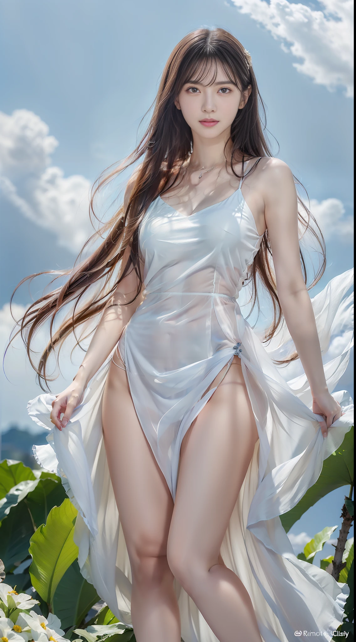(8k, RAW photo, photorealistic:1.25) ,( lip gloss, eyelashes, glossy side, shiny skin, best quality, super high resolution, depth of field, chromatic aberration, caustics, special light, natural shadows, headwear, Kpop idol), light pink and sky blue style, (real: 1.2), 1girl, (orange sky: 1.5), tall and thin beauty goddess, flowing dress, conservative girl, cloud goddess, flowing white fabric, Wearing a flowing dress, (blue sky and white clouds in the background: 1.4), (wind: 1.5), (full body: 1.5),