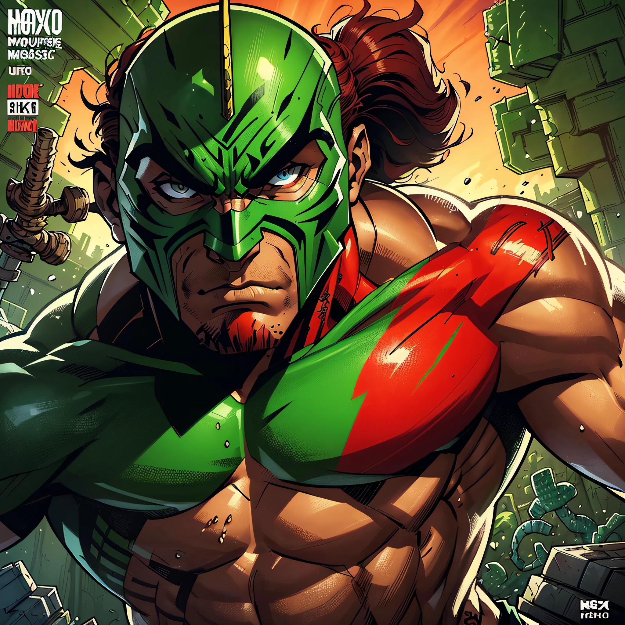 ((inked, splash art, cover, masterpiece, high quality, best quality, high resolution, ultra-detailed, 8k:1.4)), 1man, solo, 1head, a man wearing a mask in a boxing ring, portrait of Lucha Libre DJ Green, Lucha Libre, Mexican warrior, cactus mask on the face, mask on the face!, mask on the face!!, muscular body, glowing skin, wrestler, red hair, army pants, Mayan cactus warrior, Aztec warrior with green mask, taut gaze, in a menacing pose, Lobo, comic book, LuchaLibre, post-apocalypic background, combat pose, pocket comic, by Todd McFarlane, complex, tonemapping, sharp focus, perspective, upper body, looking at viewer