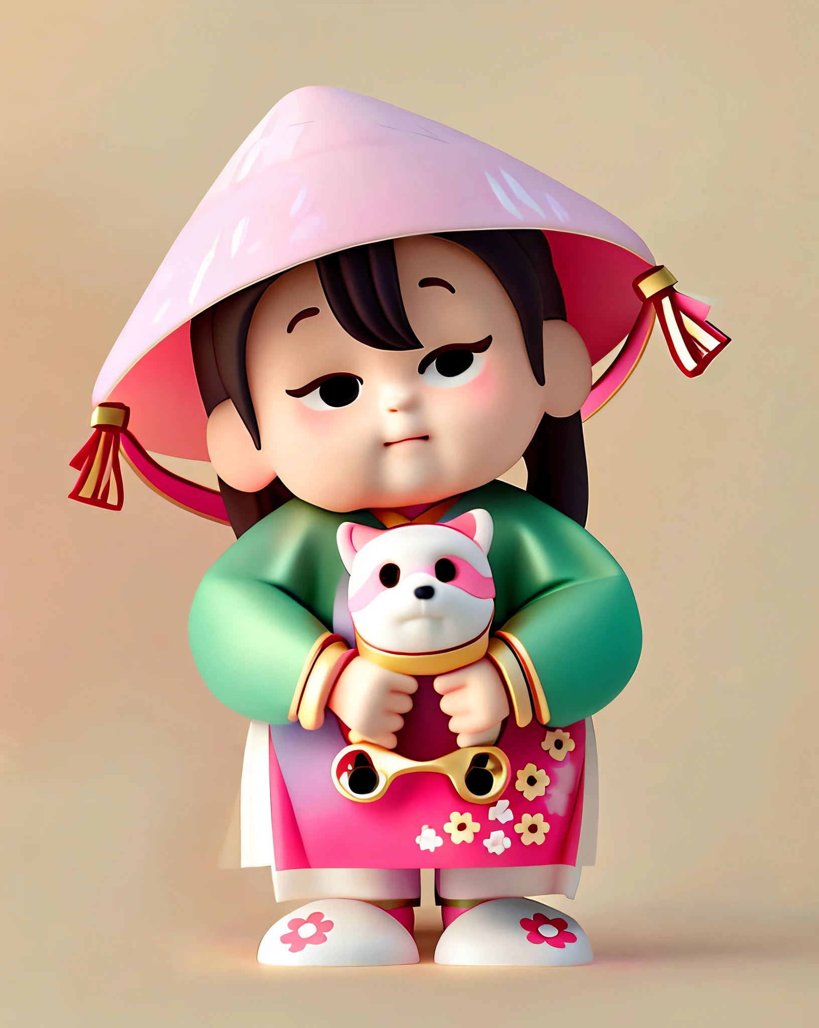 Cartoon girl in pink Hanfu holding a Shiba Inu, wearing cap, Asian girl, color is the same as original, Chinese girl, intricate details, clean background