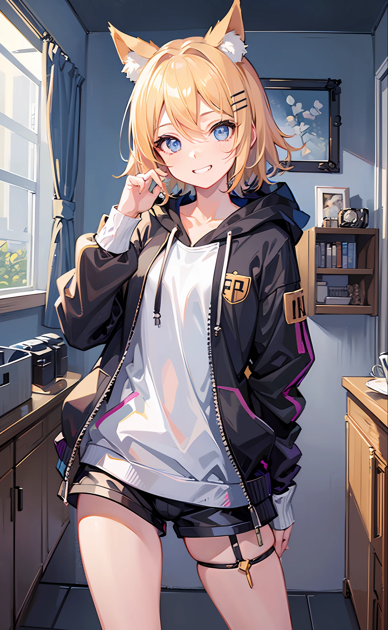 (Masterpiece), (Best Quality), (Illustration), (Ultra Detailed), (High Resolution), Perfect Anatomy, Absurdity, One Girl, (Kagamine_Rin), (Vocaloid), Short Hair, Hair Clips, Big Smile, (Blonde), Very Cute Girl, Small, Young, Delicate, Attention to Girl, Bedroom, Cute, She, Smile, Best Moment, Middle School, Blue Eyes, Bright Eyes, lively eyes, cute, standing, thighs, spoiled, innocent, love love, love viewer, clean skin, beautiful body, cute face, delicate arms, boyfriend gaze, lively eyes, neat, bare legs, dabo dabo hoodie, perfect hood, hoodie based on white, black shorts, beautiful girl, blue sky, full of energy, best girlfriend, happiness, cat ears, naughty mood, female brat, cheeky, Grinning, NSFW