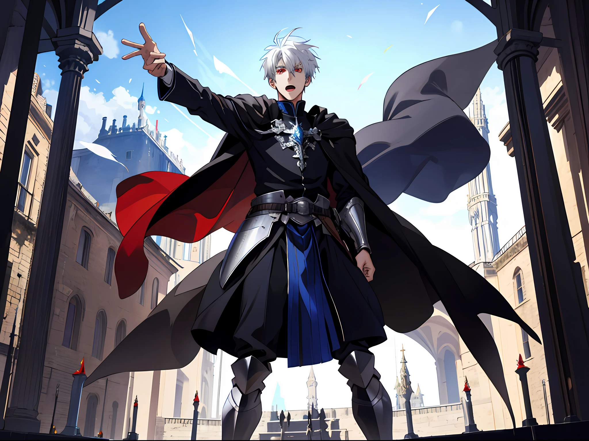(ridiculous, high resolution, super detailed), (panorama), (1 male), tall, wearing silver armor, black cape, red eyes, short white hair, medieval style, square, crowd, open mouth, town, streamer, magic flow, standing on stage, blue sky