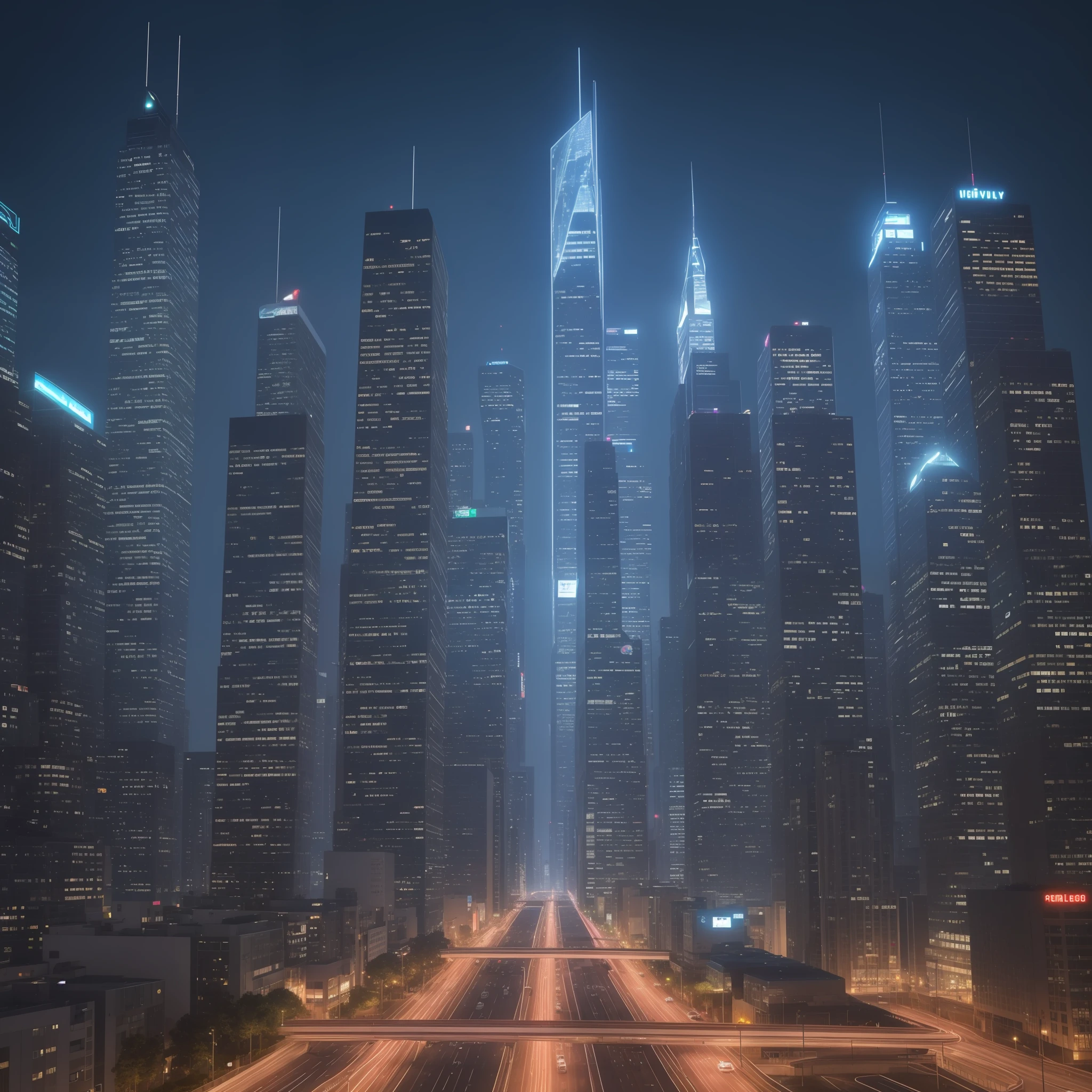 Welcome to the futuristic city of Neopolis, where technology and innovation converge in a dazzling, cutting-edge cityscape. As you enter the streets of this metropolis of tomorrow, you find yourself immersed in a visual spectacle like no other. The soaring glass and steel towers soar into the sky, glowing with color-changing LED lights that dance to the rhythm of city life. These futuristic architectural structures are designed with bold and elegant forms, combining curved lines and geometric angles, creating an urban skyline that seems taken from a science fiction dream.
The streets are paved with solar panels that glow beneath your feet, powering the city with renewable energy. The constant flow of autonomous vehicles floats silently on magnetic surfaces, following perfectly programmed routes. These futuristic cars are characterized by their aerodynamic design and transparent glass surfaces, allowing you to see the interior full of holographic screens and advanced navigation systems. Along the avenues, three-dimensional holograms are projected into the air, announcing products and services with dazzling animations. Cyber ads interact with passersby, adapting to their personal interests and providing real-time information. The buildings are also adorned with huge LED screens that display moving images, creating a hypnotic and changing scenery.
The sky over Neopolis is dominated by futuristic transport networks. Air taxis and delivery drones move in all directions, forming a perfectly synchronized choreography. Its flashing lights illuminate the sky, creating a nighttime spectacle that rivals the stars. The skyscrapers also feature innovative landing pads for flying vehicles, allowing smooth and efficient access to the city.