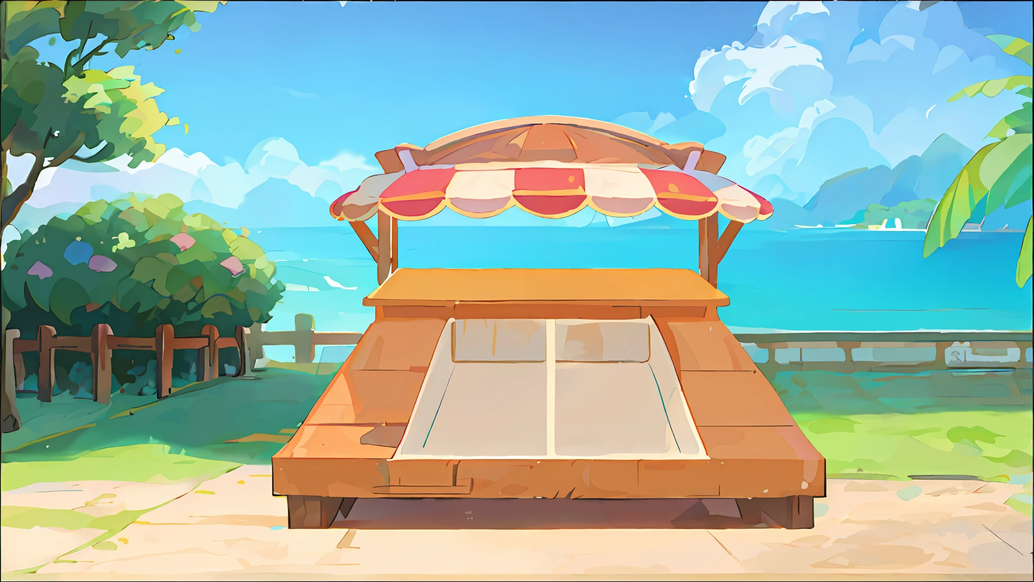 there is a cartoon picture of a beach with a table and umbrella, background art, volley court background, breezy background, seaside backgroud, island background, food stall, fantastic vendor interior, empty background, cozy cafe background, ingame image, beach bar, food stalls, town center background, arena background, stylized concept art, background bar, small dock