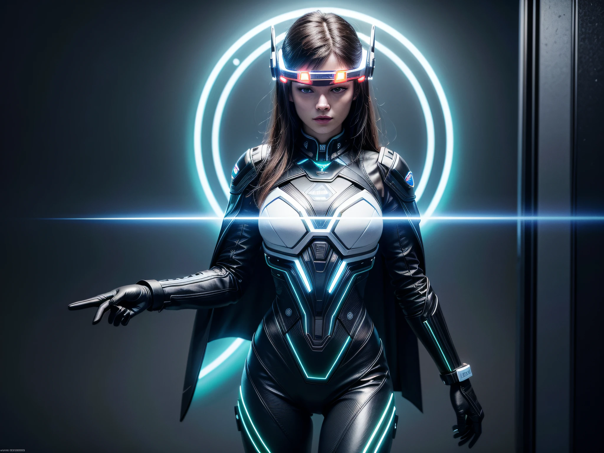 ((Best quality)), ((masterpiece)), (highly detailed:1.3), 3D,full body portrait,rfktr_technotrex, beautiful cyberpunk woman,(wearing head-mounted display that is chunky and hi-tech with neon lights:1.2),wearring a cape,computer hacking,computer terminals,soft glow from neon lights,micro-electronics,computer servers, LCD screens, fibre optic cables, corporate logos,vibrant colours,HDR (High Dynamic Range),Ray Tracing,NVIDIA RTX,Super-Resolution,Unreal 5,Subsurface scattering,PBR Texturing,Post-processing,Anisotropic Filtering,Depth-of-field,Maximum clarity and sharpness,Multi-layered textures,Albedo and Specular maps,Surface shading,Accurate simulation of light-material interaction,Perfect proportions,Octane Render,Two-tone lighting,Low ISO,White balance,Rule of thirds,Wide aperature,8K RAW,Efficient Sub-Pixel,sub-pixel convolution,luminescent particles,light scattering,Tyndall effect