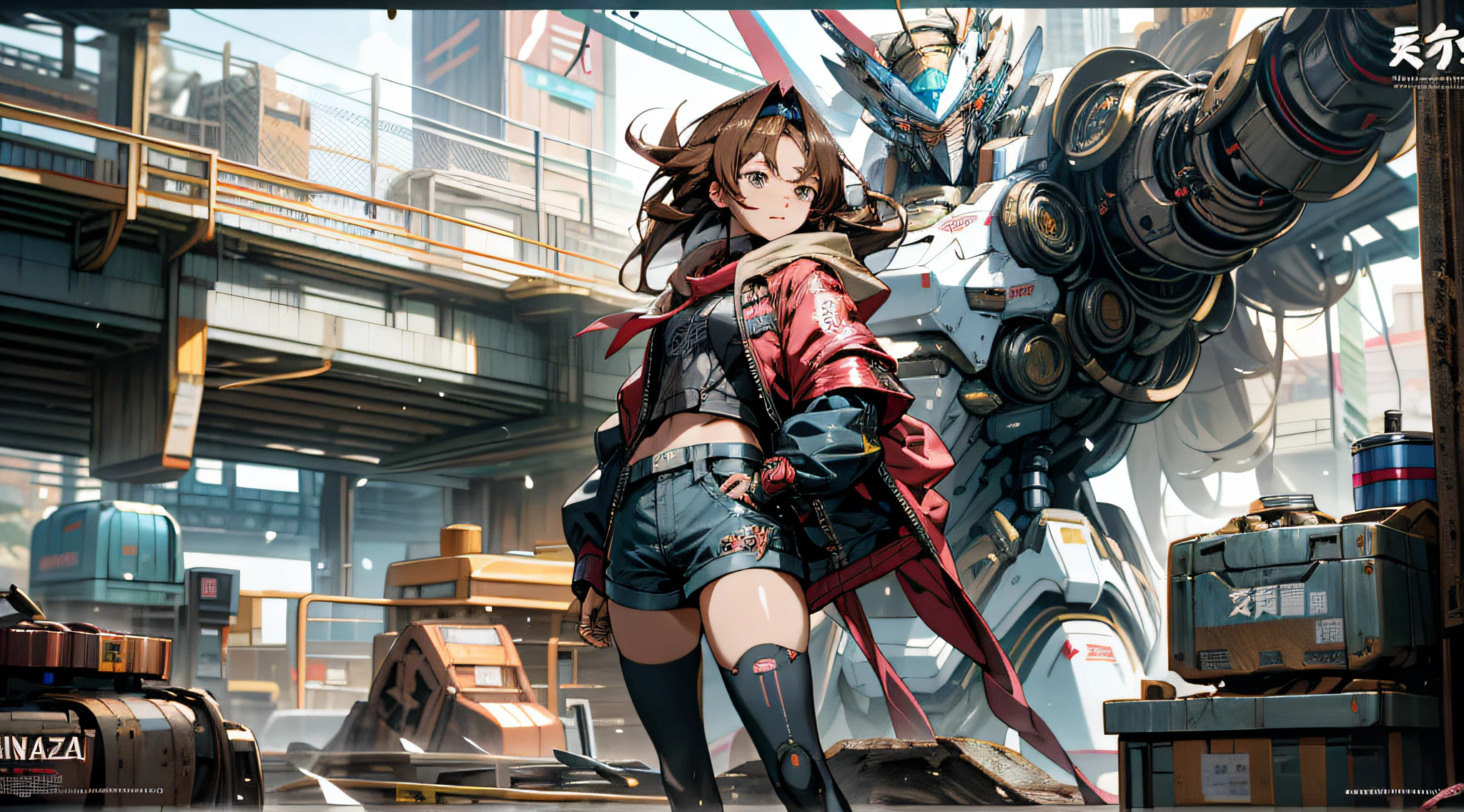 anime character with jacket standing in front of a futuristic mecha robot cyberpunk anime girl, girl in jacket and short shorts, female mecha, best anime 4k konachan wallpaper, by Krenz Cushart, cushart krenz key art feminine, inspired by Krenz Cushart, modern mecha anime, brown hair