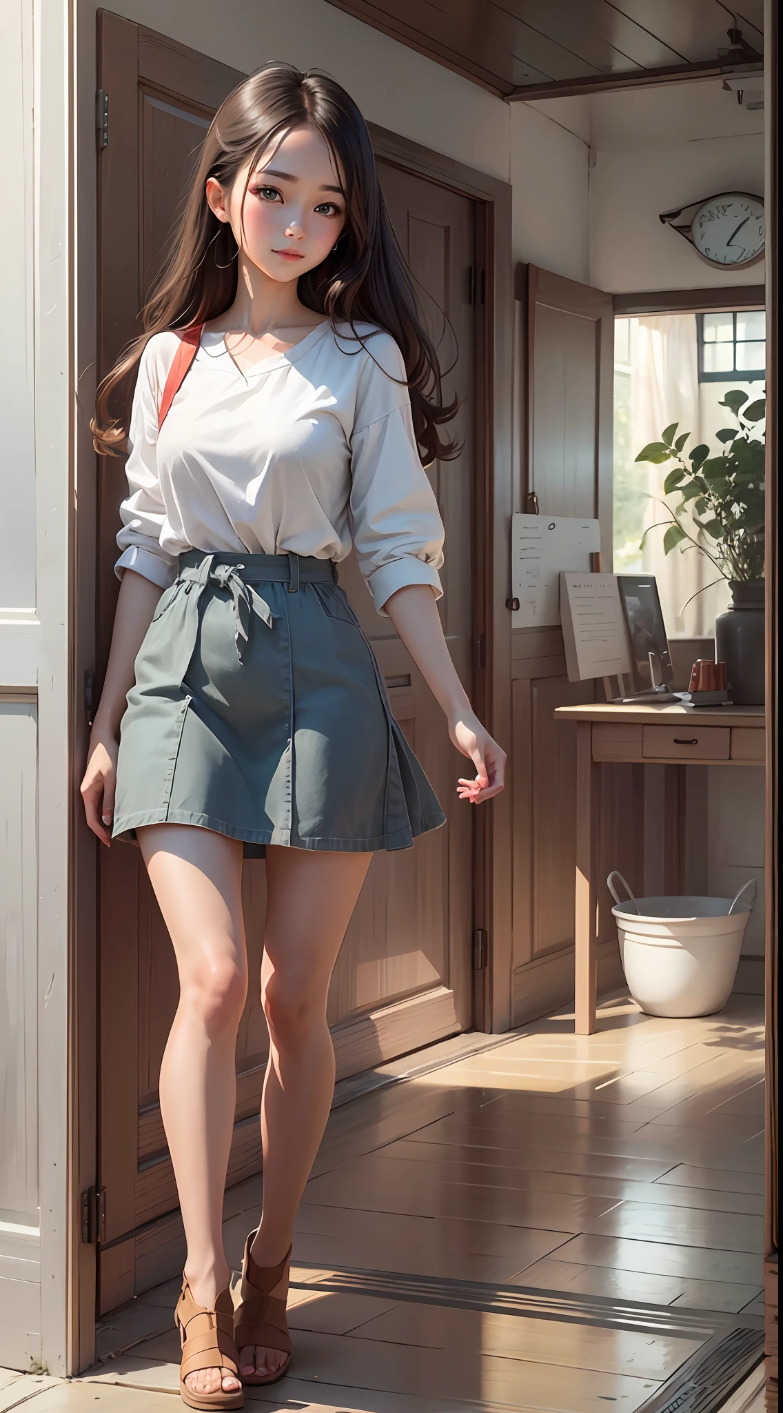 Fresh and simple style, smart and neat scene assistance, with a touch of youthful vitality; A pure and beautiful girl, full body, youthful vitality, beautiful face, beautiful vision, with clear and bright eyes, filling the air with fragrant fragrance. --auto --s2