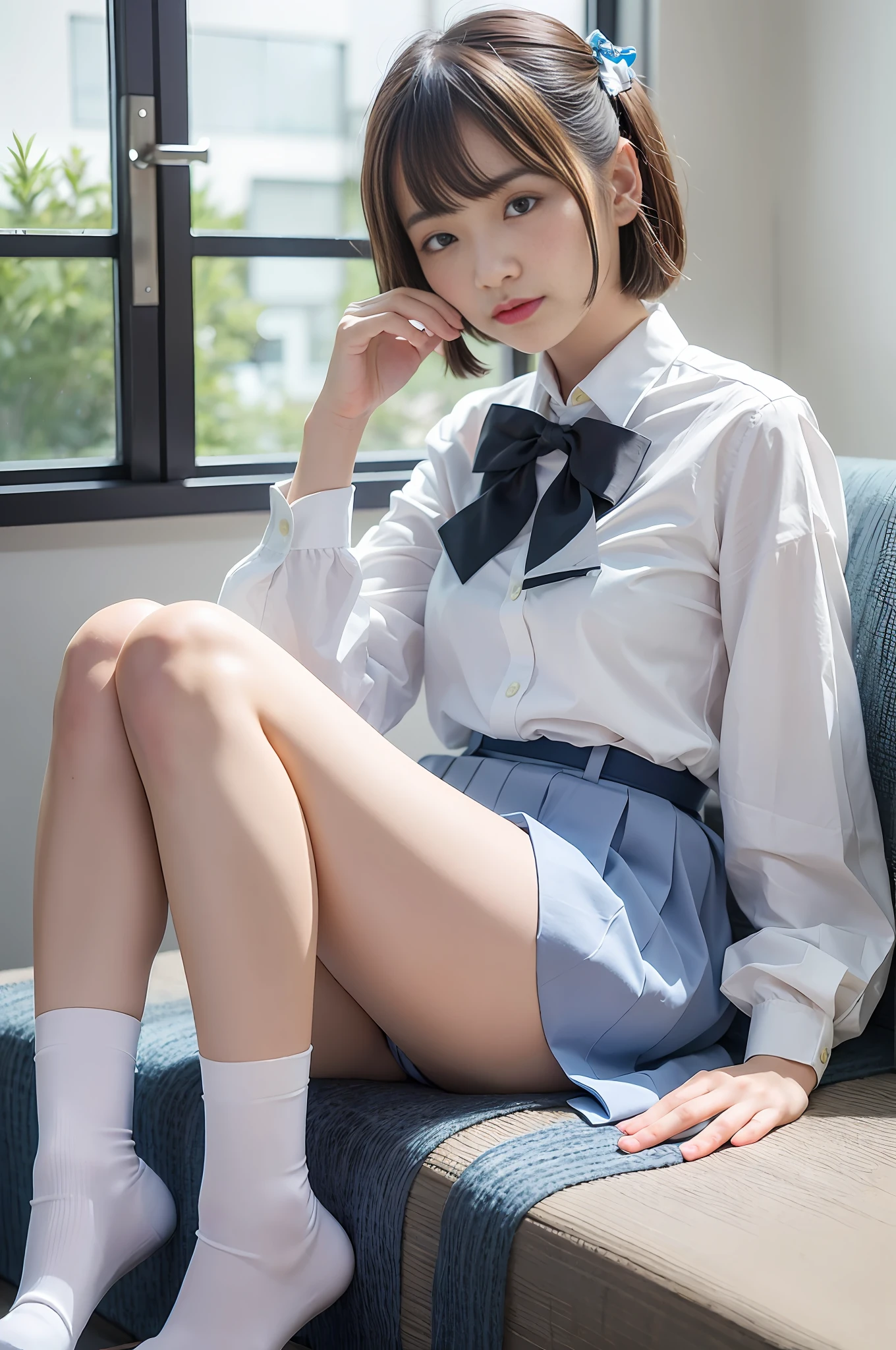 Japan woman wearing white folded short socks, young and pretty, white blouse, bow tie, blue skirt, bright interior background