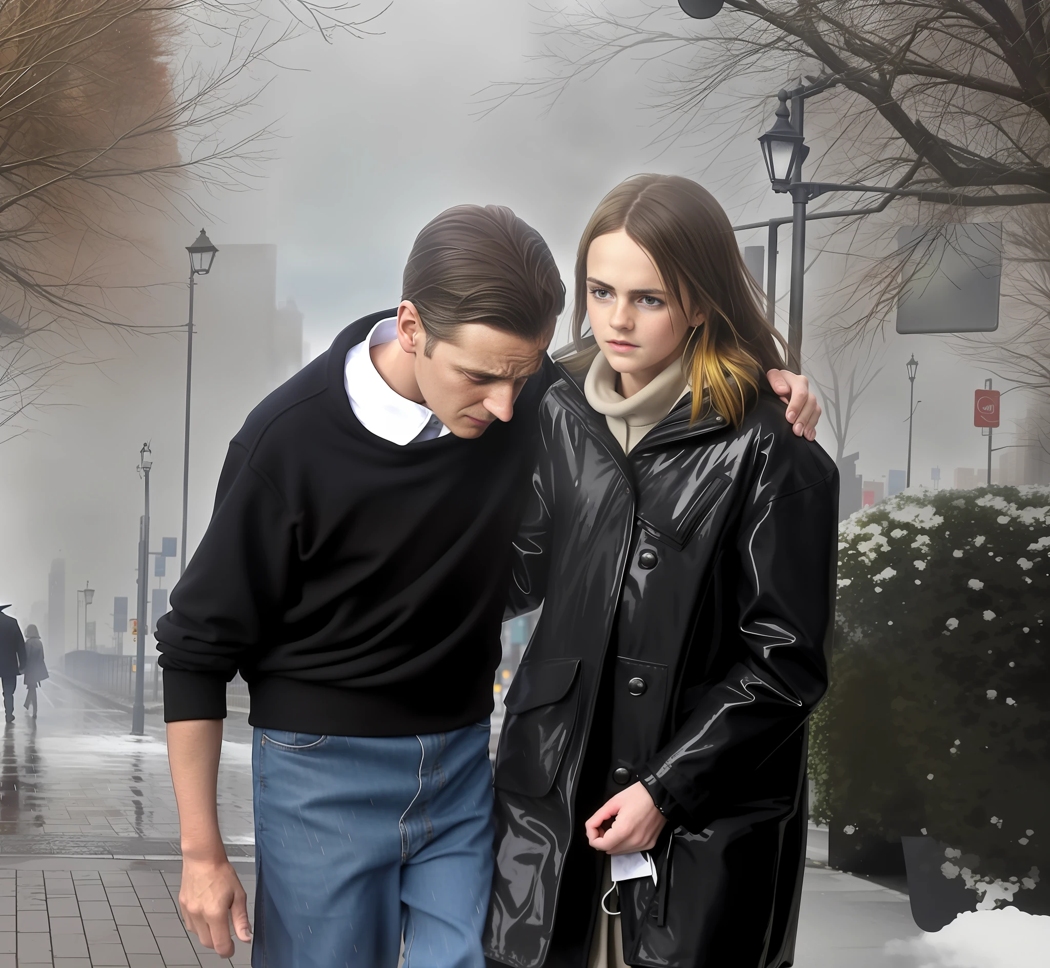 a wounded elderly man and his girlfriend are walking down the street together in the cold, the girl is wearing a very wet and shiny laquered coat, action shot, the girl is supporting the elderly man, the elderly manis injured and is needing support to walk, the elderly man is shouting in pain, the elderly man is screaming out in pain, the elderly man is in pain, the girl is full of pity, the girl is looking very concerned, the elderly man is groaning out loud, the girl is wearing a very shiny coat, first aid scene, dramatic pose, boy with his arm around the girl, dafne keen, heartbreaking, wearing a blue jacket, photoshopped, emma watson with anxious, forcing him to flee, photo-shopped, ((oversaturated)), photo 2 0 1 0, poignant, with a , kidhey are walking down the street together in the rain, high quality upload, very coherent image, on a street, in the background, random content, shooting, in city street, exploitable image, person in foreground, beautiful girl, cover shot, with a kid, werful scene, in an urban setting, in the street, by Zahari Zograf