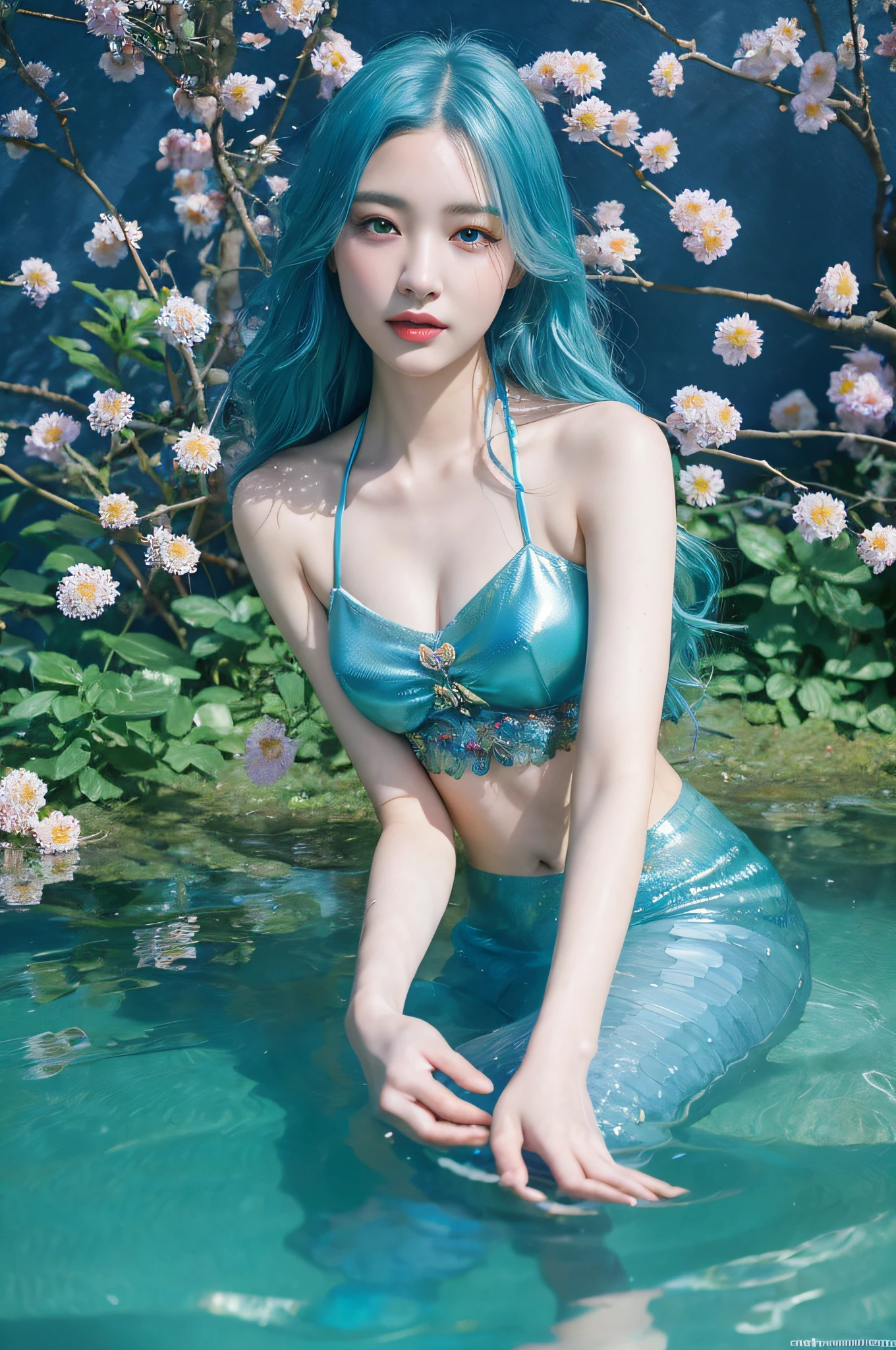 mermaid with blue hair and flowers floating in the water, beautiful mermaid, beautiful digital illustration, a beautiful artwork illustration, beautiful digital artwork, beautiful gorgeous digital art, beautiful digital art, asian female water elemental, gorgeous digital art, very beautiful digital art, closeup fantasy with water magic, beautiful fantasy art, beautiful digital painting, exquisite digital illustration, gorgeous digital painting