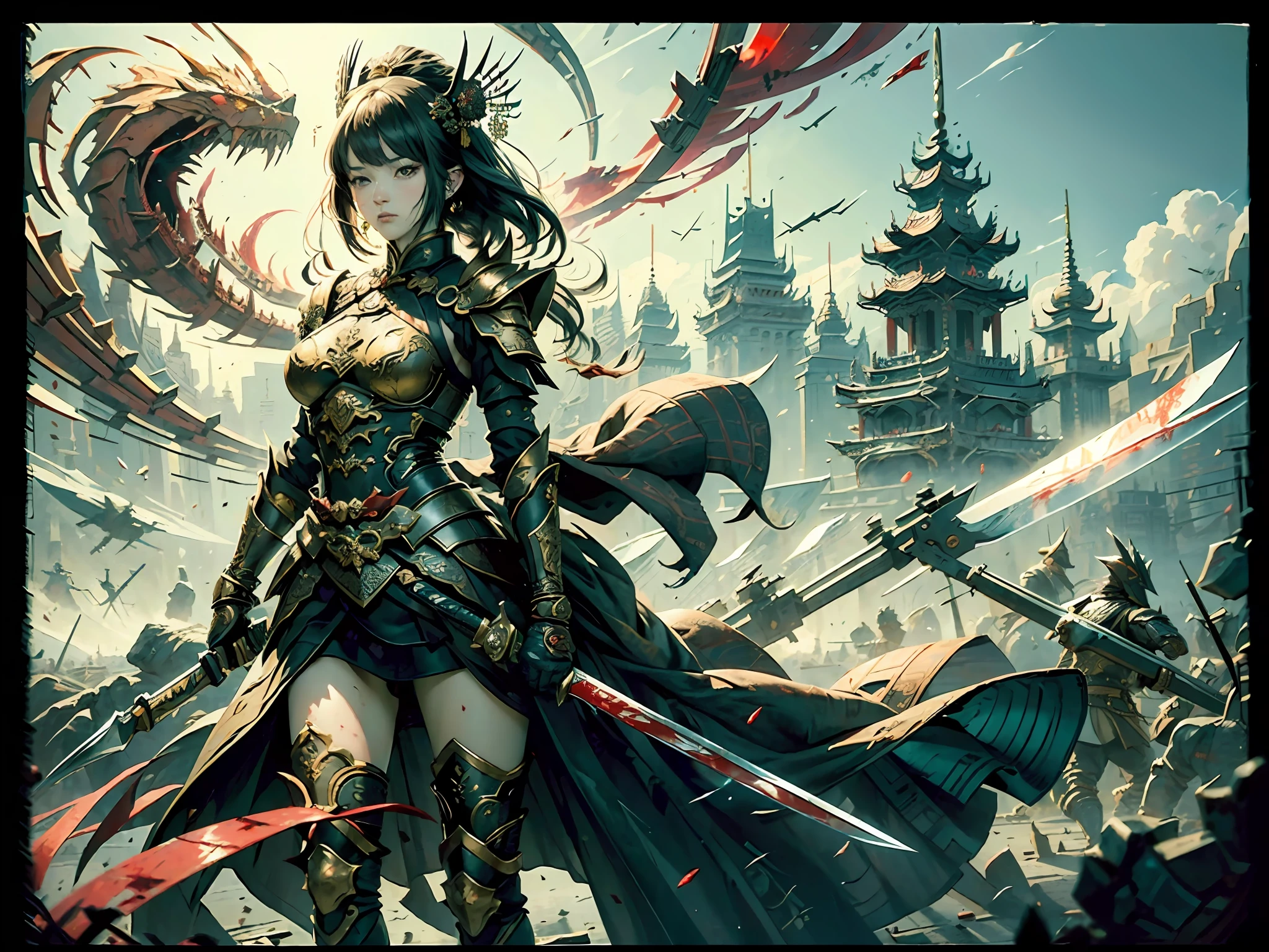 (Fidelity: 1.4), Quality, (Masterpiece: 1.2), (Best Quality), ((Surreal)) (Costume Details: 1.3), (Intricate Detail), Dramatic, Ray Tracing (1 Girl), Rule of Thirds Composition, (Tyndall Effect: 1.2), ( Anatomically correct: 1.2), (Black Armor, Chinese Costume Armor, War, Intense, Dynamic, Motion Blur, Dash, Vitality, Solo, Rage, Battle, Blood Drops, Chinese Royal Palace, Colored Ink Background, Panorama, Short Knife, Strong Edge, Dark)
