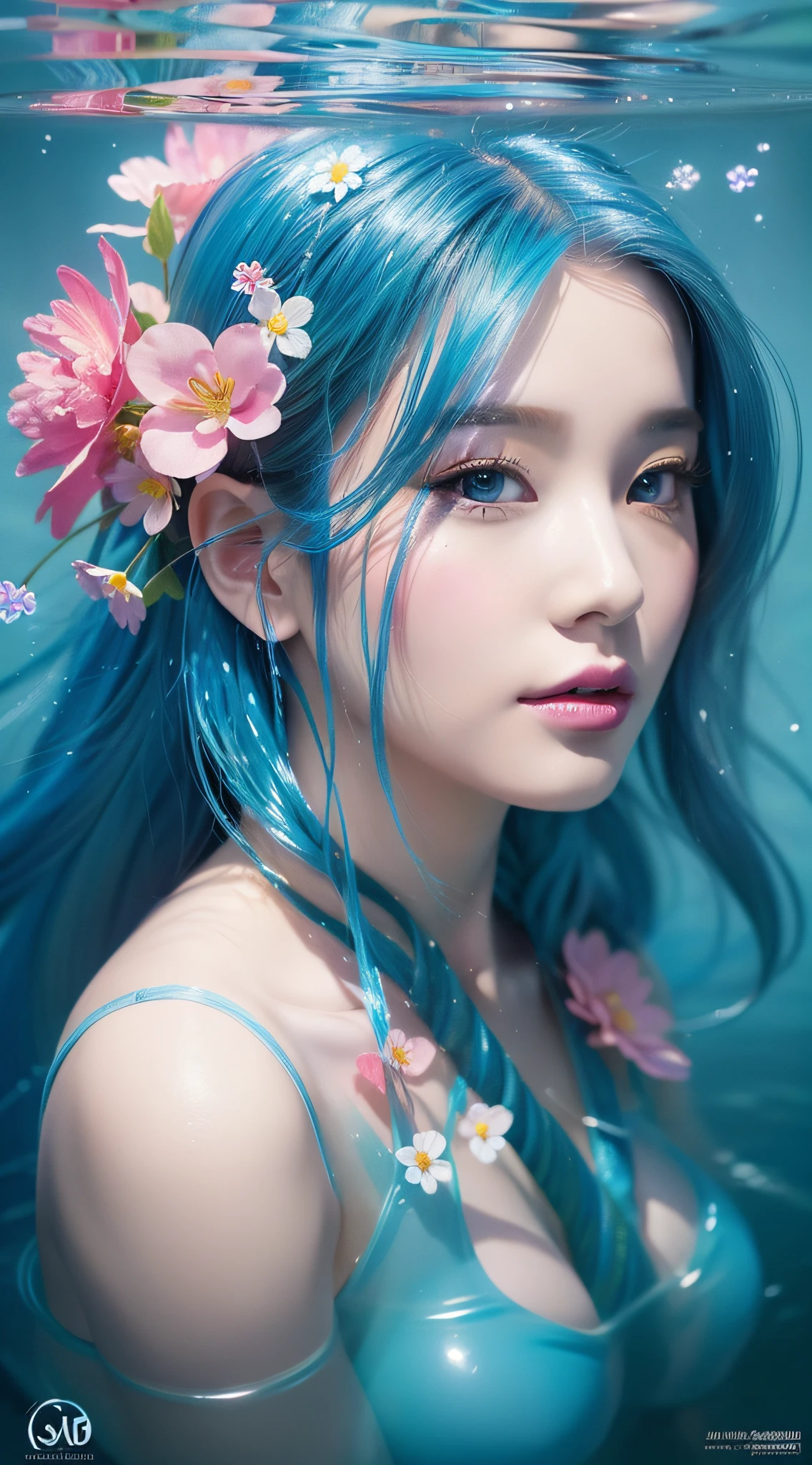 beauty with blue hair and flowers floating in water, beautiful beauty, beautiful digital illustration, beautiful artwork illustration, beautiful digital artwork, beautiful gorgeous digital art, beautiful digital art, asian female water element, gorgeous digital art, very beautiful digital art, close up fantasy with water magic, beautiful fantasy art, beautiful digital painting, beautiful digital illustration, gorgeous digital painting