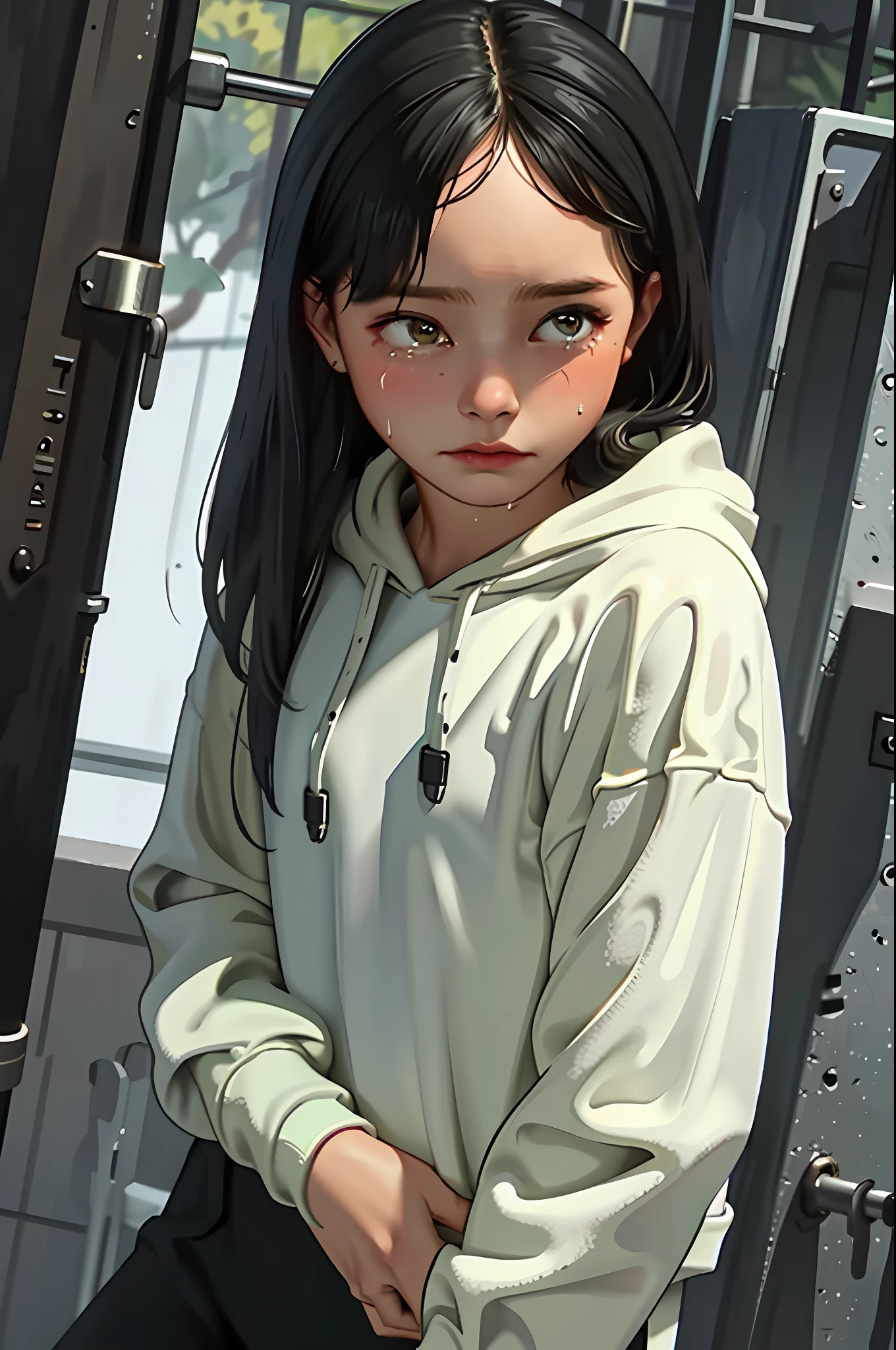 (best quality, masterpiece), 1girl, hoodie, rainy, crying, looking down, wet,