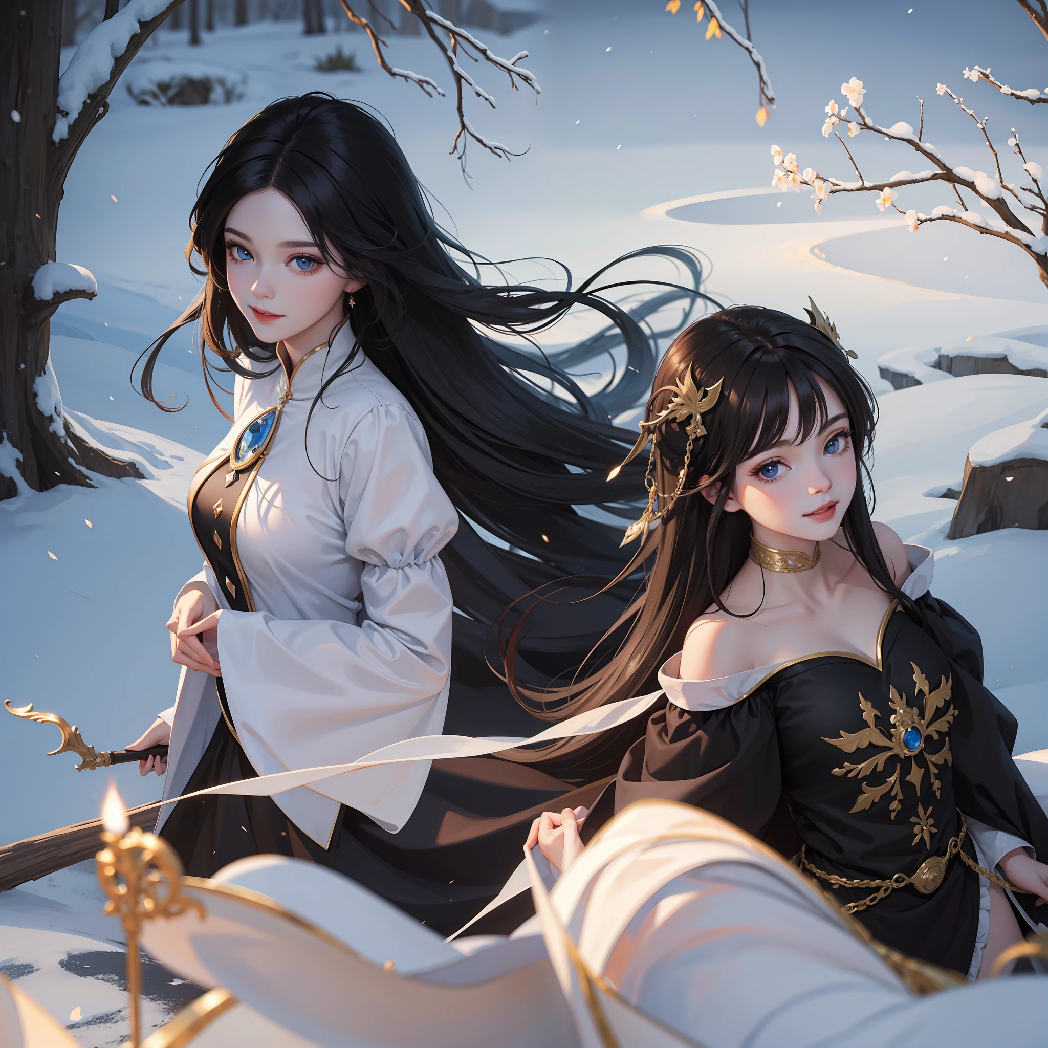 (Masterpiece) 8K resolution, snow white, beauty, black semi-long hair, gentle smile, fantasy style,