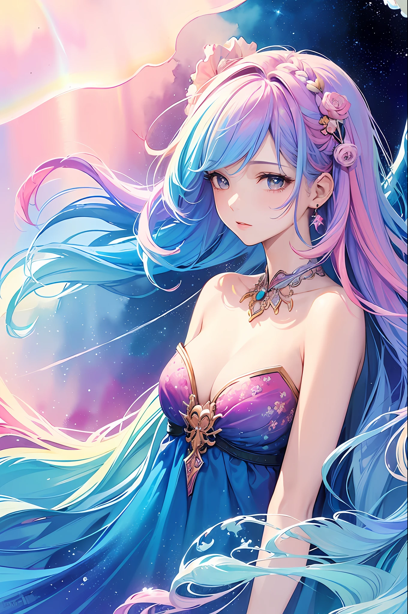 (masterpiece, top quality, best quality,watercolor (medium),official art, beautiful and aesthetic:1.2),(1girl:1.3), (fractal art:1.3),upper body, from side, looking at viewer,patterns,(rainbow color Hair,colorful hair,half blue and half pink hair:1.2),water,liquid, cloud,colorful, starry,stars,