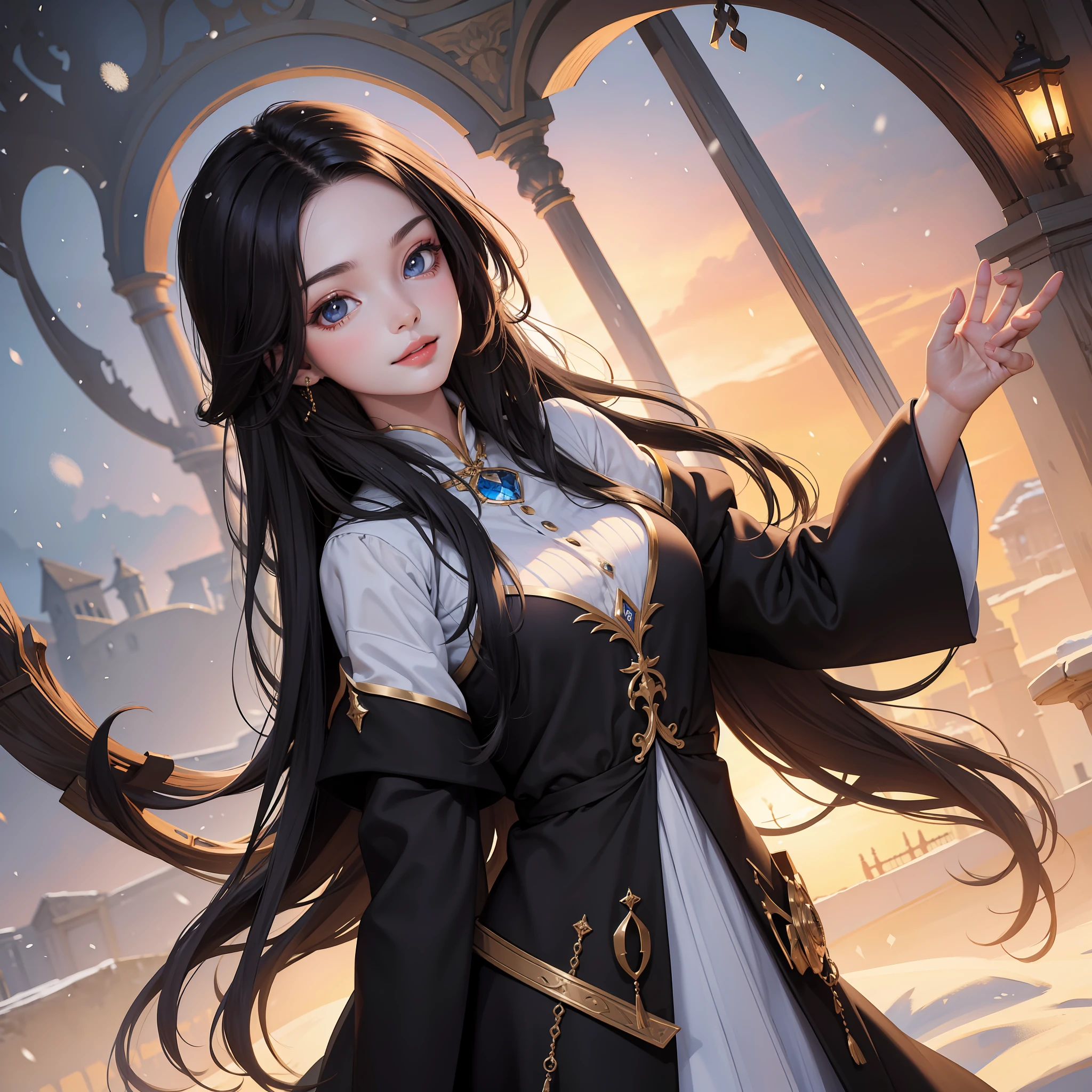 (Masterpiece) 8K resolution, snow white, beauty, black semi-long hair, gentle smile, fantasy style,