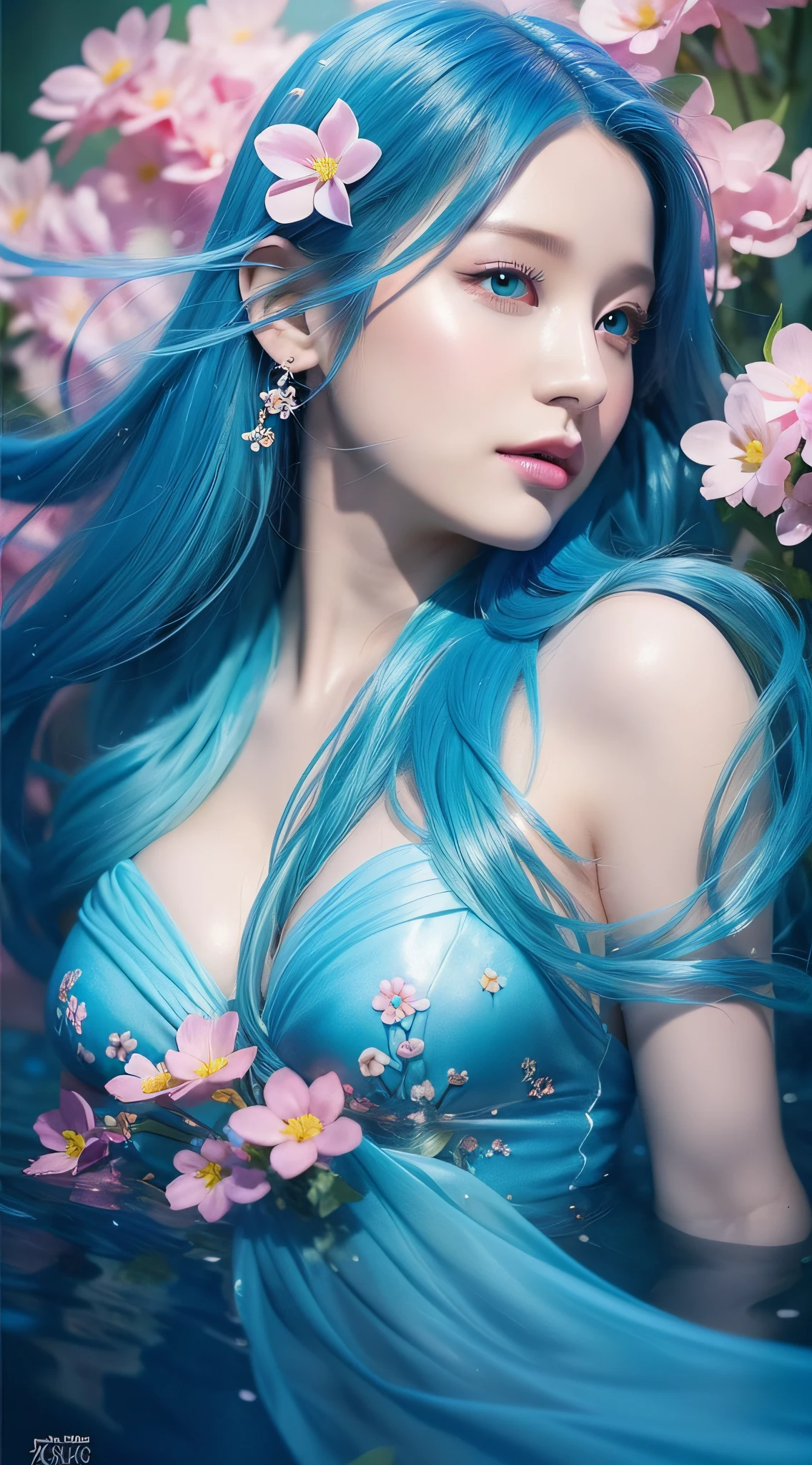 beauty with blue hair and flowers floating in water, beautiful beauty, beautiful digital illustration, beautiful artwork illustration, beautiful digital artwork, beautiful gorgeous digital art, beautiful digital art, asian female water element, gorgeous digital art, very beautiful digital art, close up fantasy with water magic, beautiful fantasy art, beautiful digital painting, beautiful digital illustration, gorgeous digital painting