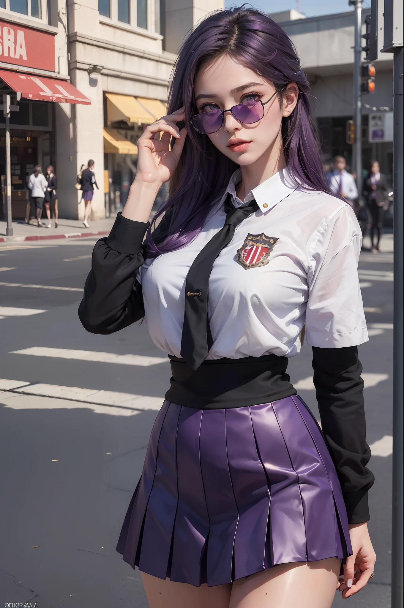 realistic,( photo-realistic), ultra hires, (masterpiece, top quality, best quality, official art, beautiful and aesthetic, raw photo:1.4),(high detailed skin:1.2), ultra realistic, 32k,
1girl,  kafka, purple eyes, purple hair, eyewear on head, sunglasses, narrow waist, dynamic pose, dynamic angle,
(school uniform:1.2),