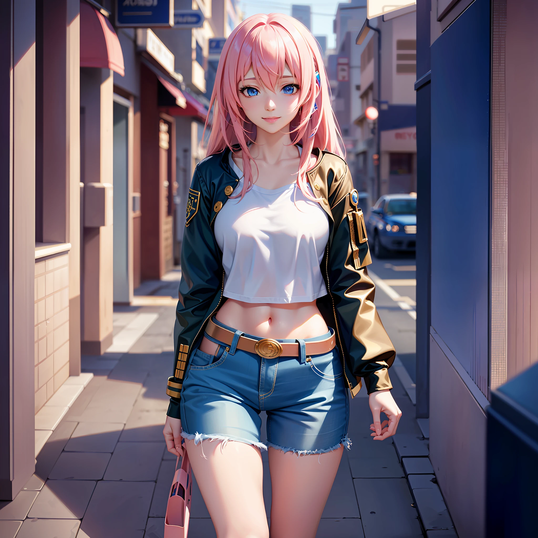 pale tone, photorealistic, beautiful attractive anime girl, super detail, smile, beautiful blue eyes, beautiful style, megurine luka, pink hair, gentle look, (seductive anime girl), full body, beautiful skin, dating, casual look,
