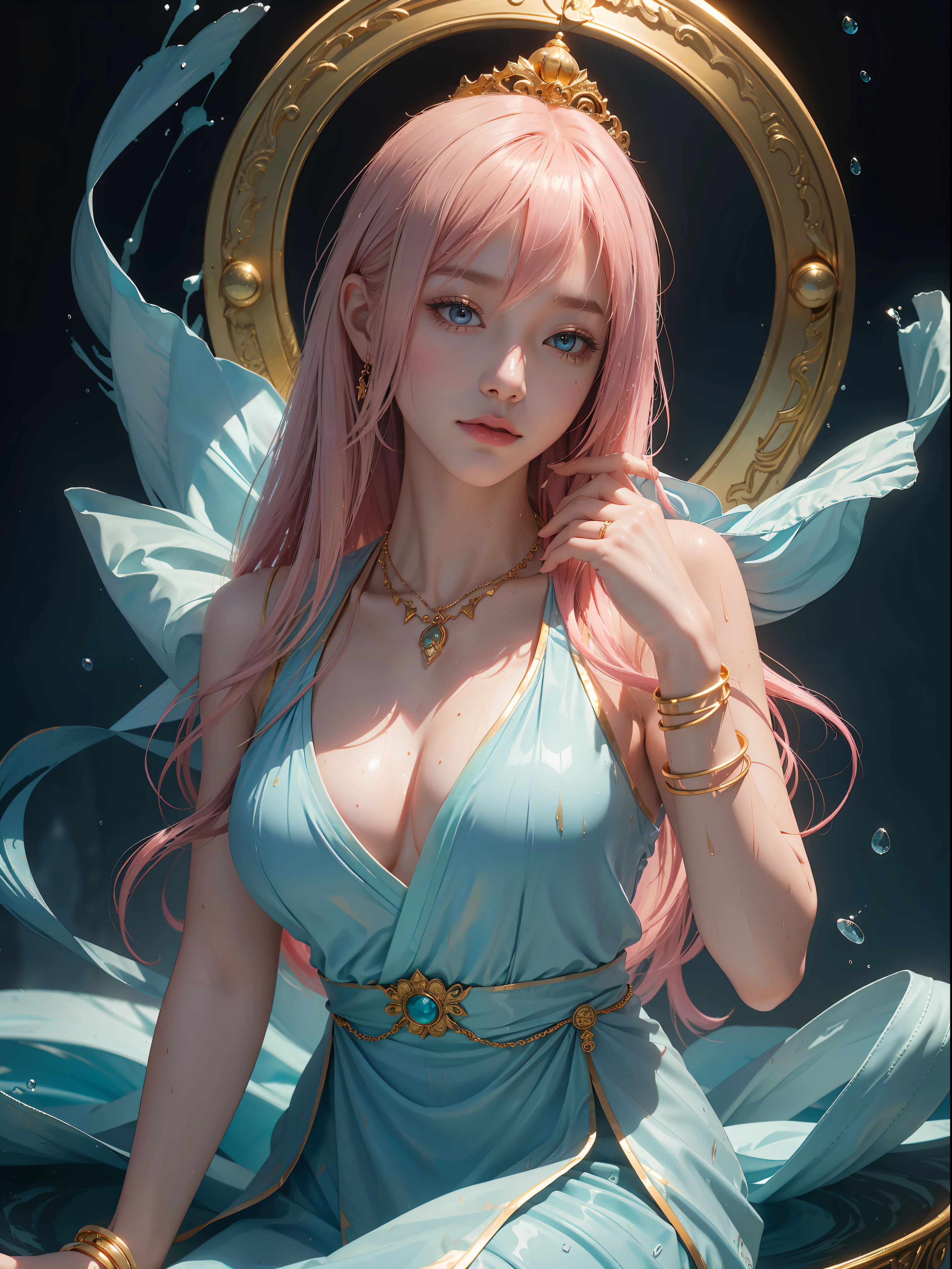 A Buddhist Bodhisattva Girl, (Masterpiece, Top Quality, Best Quality, Official Art), (KPOP idol), (Super Long Hair, Messy Long Flowing Hair, Light Pink Long Hair), Delicate Jewelry, Delicate Bracelet, Delicate Hair Ornament, High Feeling, Aperture on the Back, Fairy Fluttering, Looking Up View, Barefoot, Golden Bracelet on Ankle, Ancient Chinese Clothing, (Conservative Clothes), Gorgeous Silk, Flowing Tulle, Dazzling Background, Golden Aperture on the Back, Gold Falun in the back, best light, best shadow, movie lighting, mystery, background pure black with ring aperture, ultra high definition, 8k, fair skin, Wolp_style, duhuang_style, upper body close-up, detailed face, (sideways: 1.5), 28 years old, 1girl, well-dressed, super long clothes, black hole background, in a temple in Thailand, one leg on the ground, left hand as Buddha hand on chest, the other raised above the head to do Buddha hand, surreal, photo, realistic, {(Surfacing from a clear pool, splashing a lot, splashing, water ripples), (wet clothes: 1.5) (wet: 3.0), (wet hair: 1.5)}, medium chest, 48KG weight, smooth skin, light blue pupils, detailed eye painting, (super white skin, supple skin), (face focus, bending over to look at the camera, snapping)