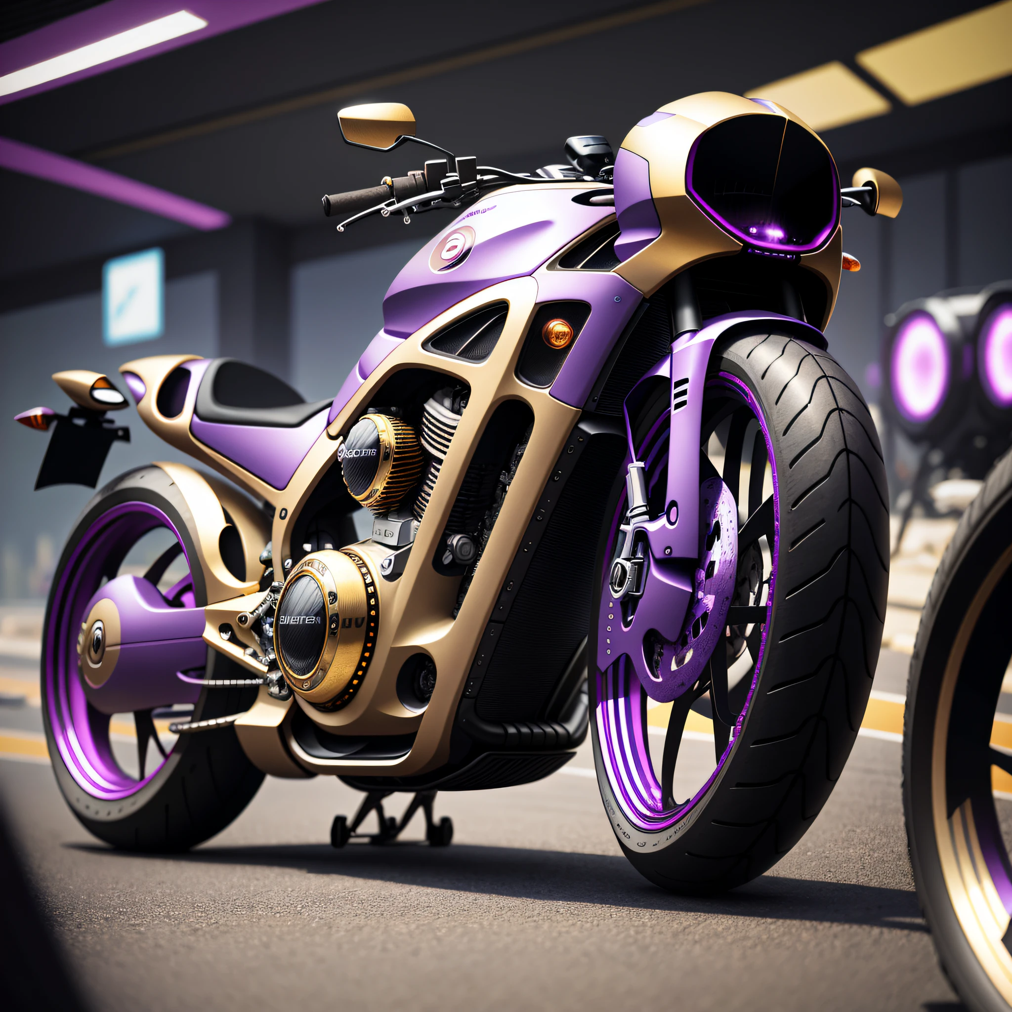 Bugatti AI motorcycle, purple gold tone, cyberpunk