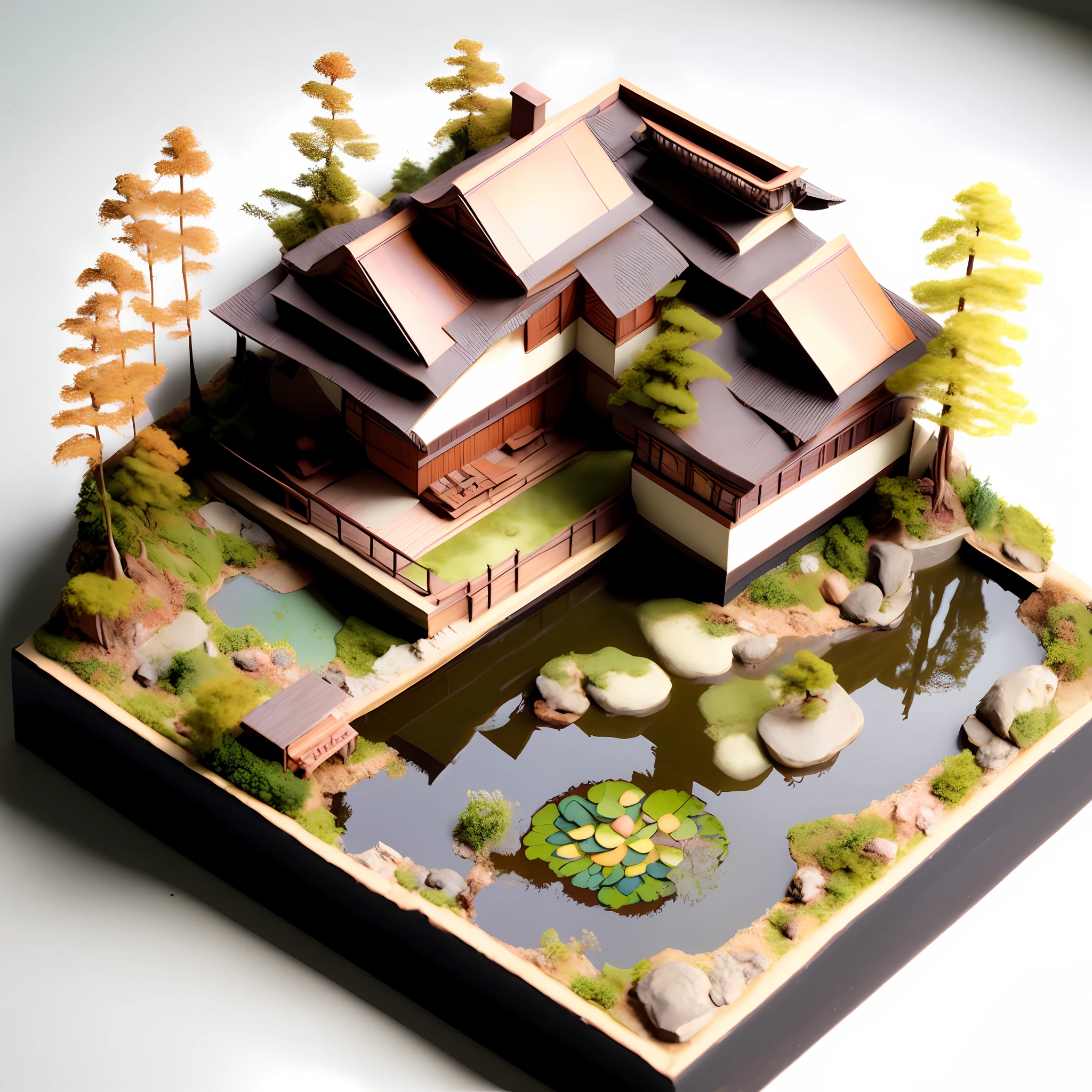 photo, a model of a dieselpunk japanese style house with a pond