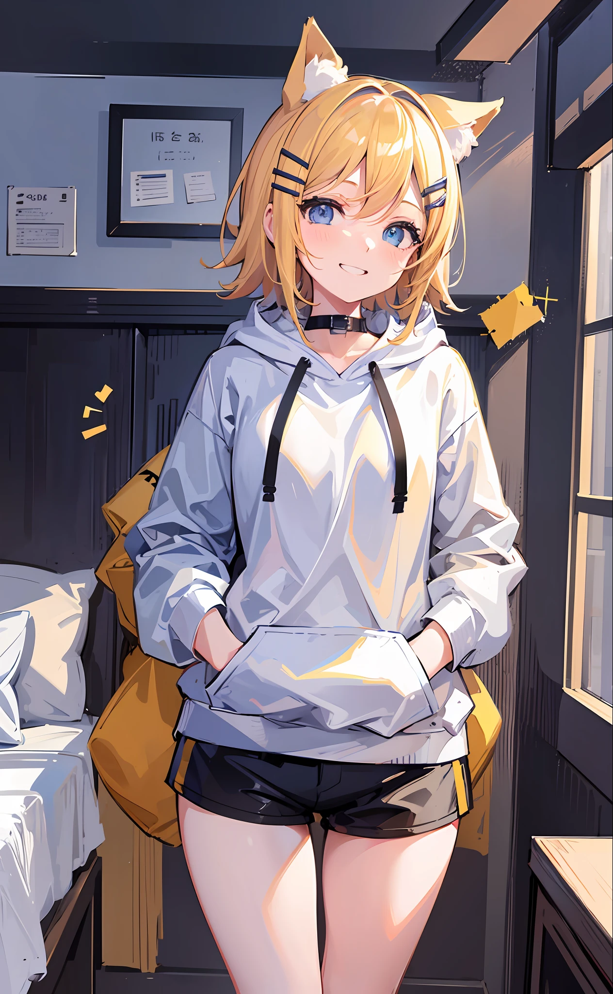 (Masterpiece), (Best Quality), (Illustration), (Ultra Detailed), (High Resolution), Perfect Anatomy, Absurdity, One Girl, (Kagamine_Rin), (Vocaloid), Short Hair, Hair Clips, Big Smile, (Blonde), Very Cute Girl, Small, Young, Delicate, Attention to Girl, Bedroom, Cute, She, Smile, Best Moment, Middle School, Blue Eyes, Bright Eyes, Lively eyes, cute, standing, thighs, sweet, innocent, love love, love viewer, clean skin, beautiful body, cute face, delicate arms, boyfriend gaze, lively eyes, neat, bare legs, dabo dabo hoodie, perfect hoodie, white hoodie, black shorts, beautiful girl, blue sky, full of energy, best girlfriend, happiness, cat ears, naughty mood, female brat, cheeky, teasing, grinning, nsfw, rape