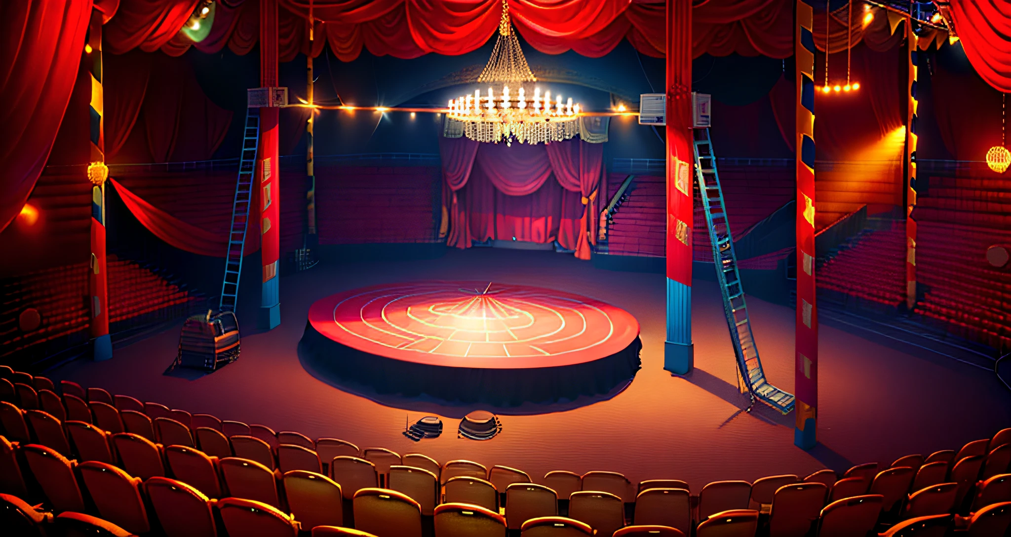 there is a circus scene with a stage and a ladder, circus background, inside a circus tent, circus, big top circus tent, arena background, circus performance, welcome to the circus, theater stage, dance hall background, theatre stage, empty stage, abandoned circus, coliseum background, ballroom background, coliseum backdrop, footage of a theater stage, desert circus, detailed scene