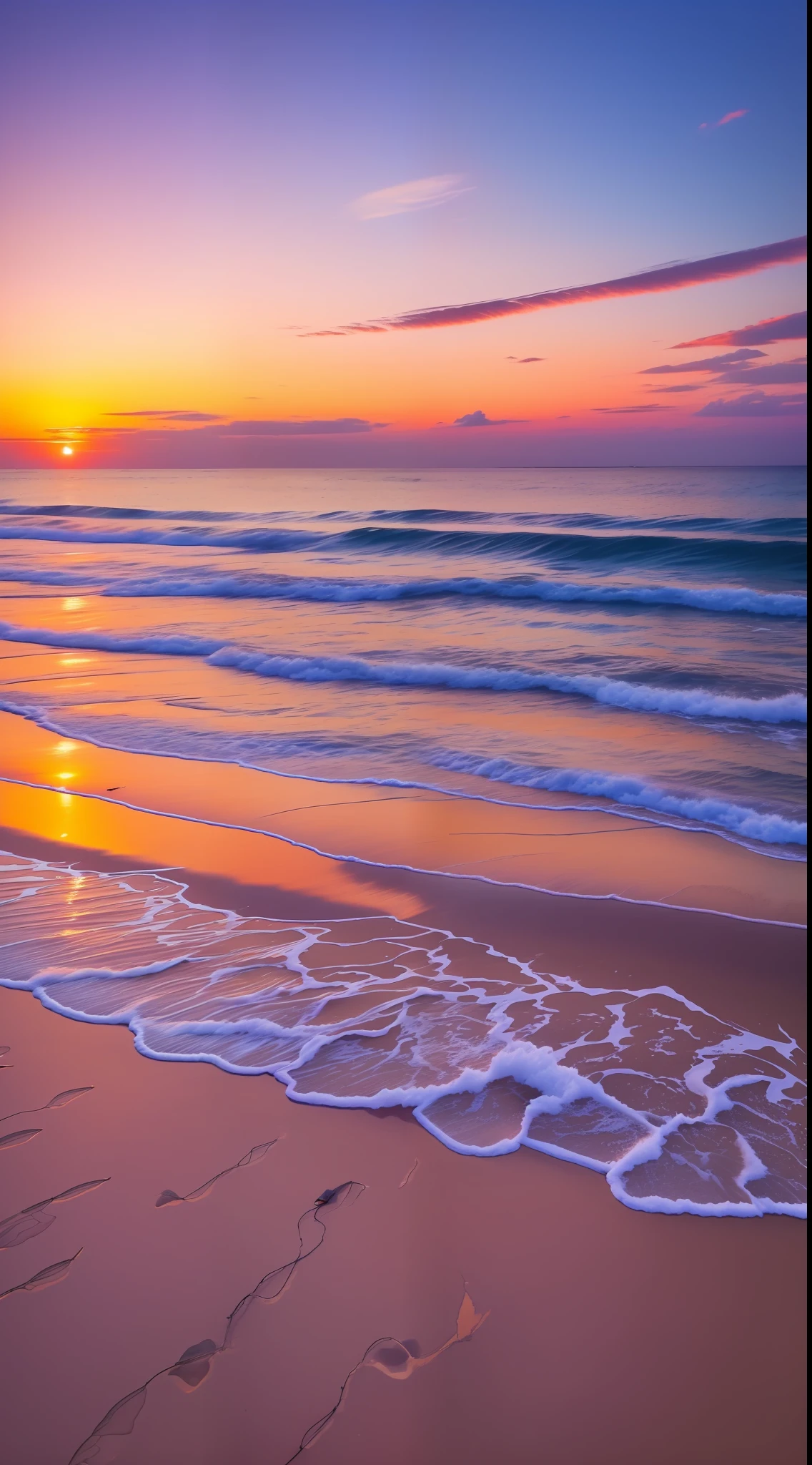 Absolutely mesmerizing sunset on the beach with a mix of oranges, pinks and yellows in the sky. The water is crystal clear, gently kissing the shore, and the white sand is endless. The scenes are action-packed and breathtaking, with seagulls soaring high in the sky and palm trees swaying gently. Immerse yourself in the calm atmosphere and let the serenity surround you.