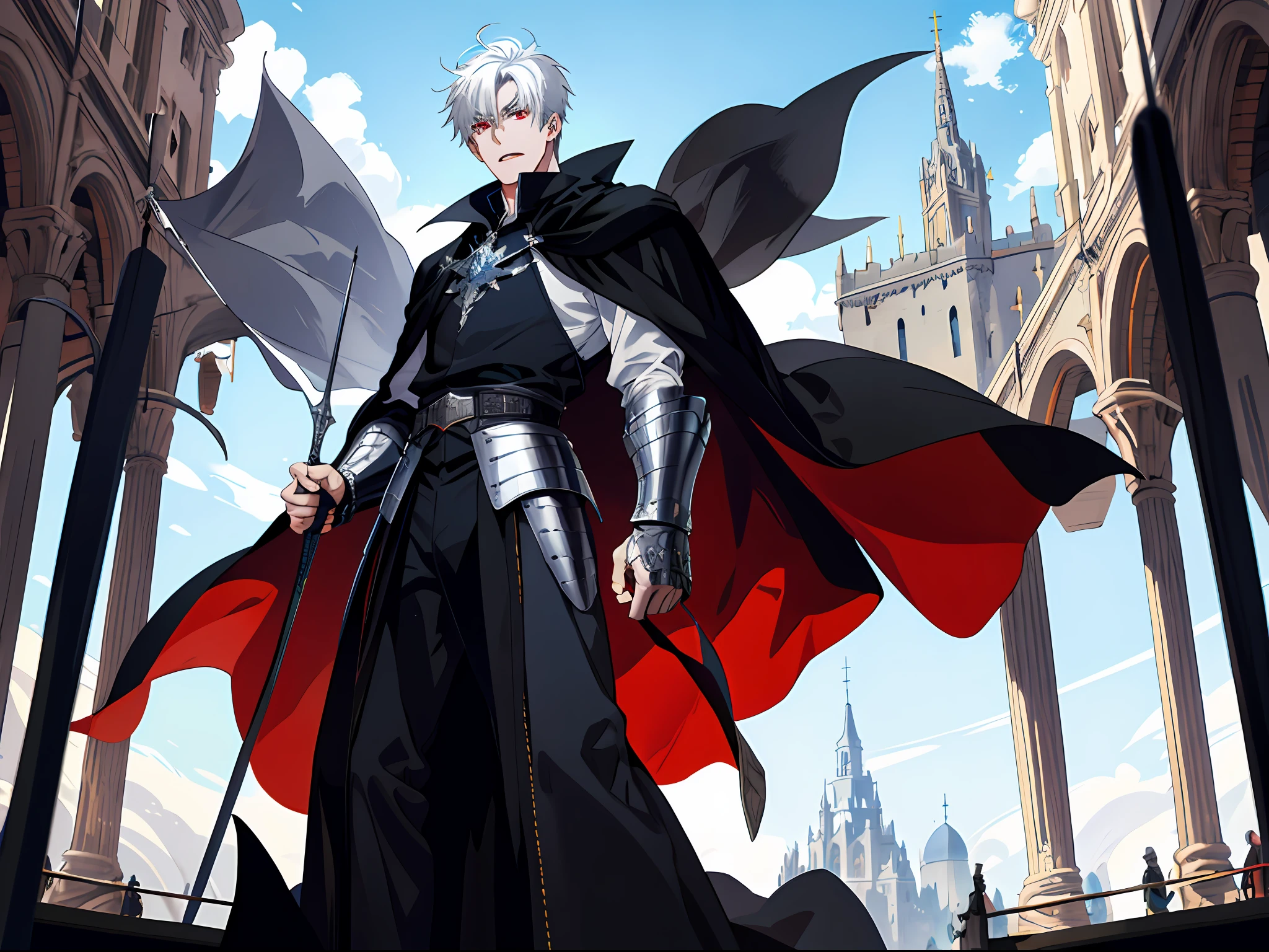 (ridiculous, high resolution, super detailed), (panorama), (1 male), tall, wearing silver armor, black cape, red eyes, short white hair, medieval style, square, crowd, open mouth, town, streamer, magic flow, standing on stage, blue sky