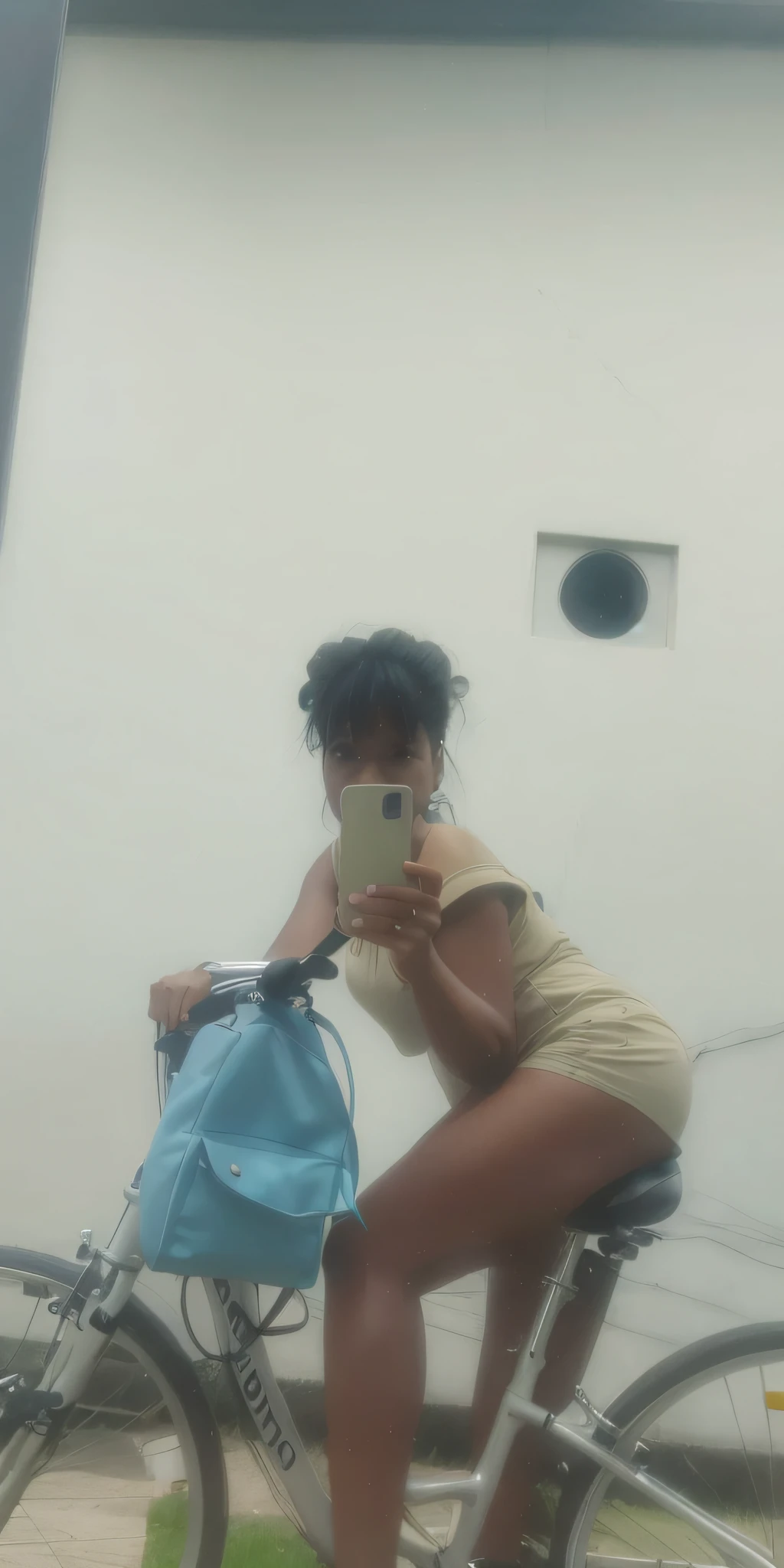 A woman sits on a bicycle and takes a photo, impressive 4k quality, frontal view.
