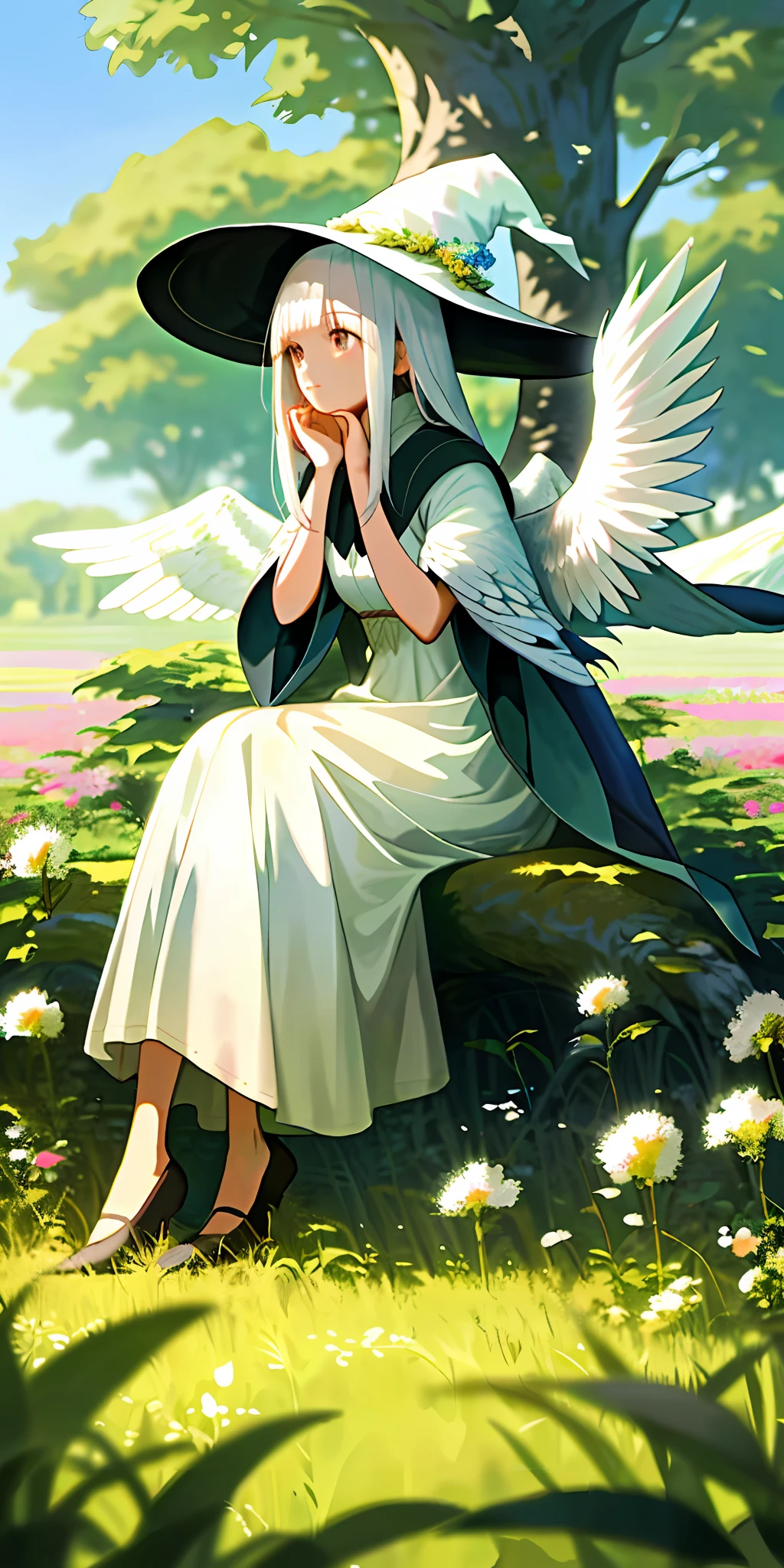 (Masterpiece, best quality), 1 long girl with white hair sitting in a field of greenery and flowers, her hands under her chin, warm light, white dress, blurred foreground, bird, wings, witch