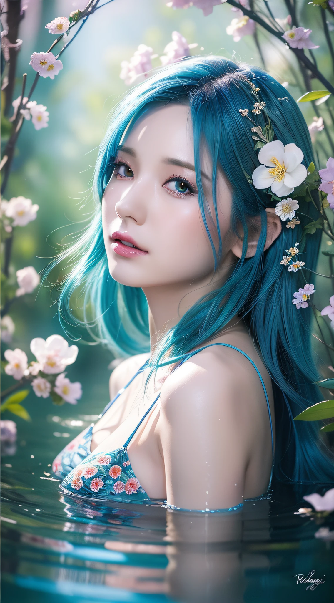 beauty with blue hair and flowers floating in water, beautiful beauty, beautiful digital illustration, beautiful artwork illustration, beautiful digital artwork, beautiful gorgeous digital art, beautiful digital art, asian female water element, gorgeous digital art, very beautiful digital art, close up fantasy with water magic, beautiful fantasy art, beautiful digital painting, beautiful digital illustration, gorgeous digital painting